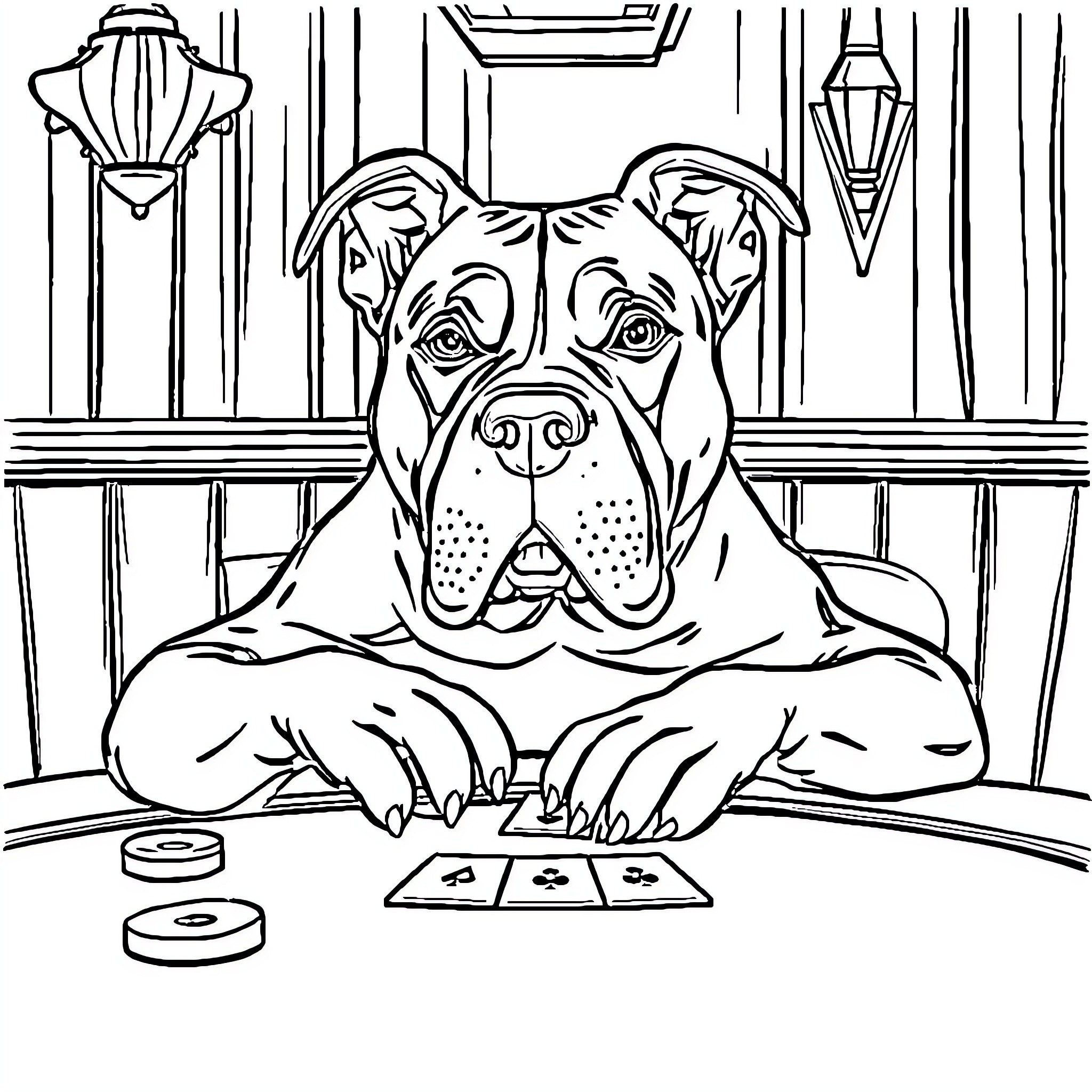 Pitbull playing cards and gambling in a dimly lit room Coloring Page (free black-and-white line drawing printable PDF for all, from beginners to advanced learners, including children, teens, adults, and seniors)