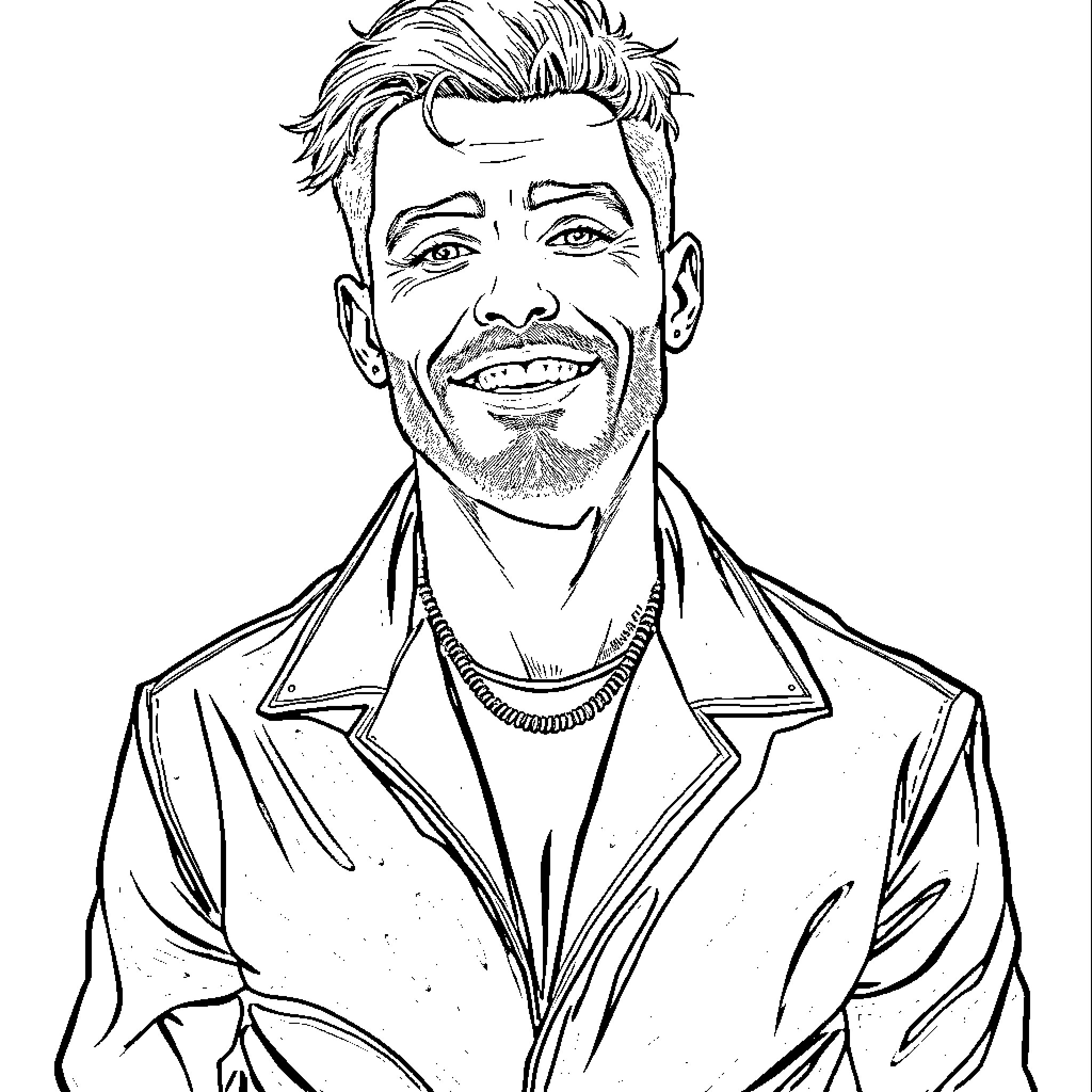 Man with stylish hairstyle and formal attire smiling Coloring Page (free black-and-white line drawing printable PDF for all, from beginners to advanced learners, including children, teens, adults, and seniors)
