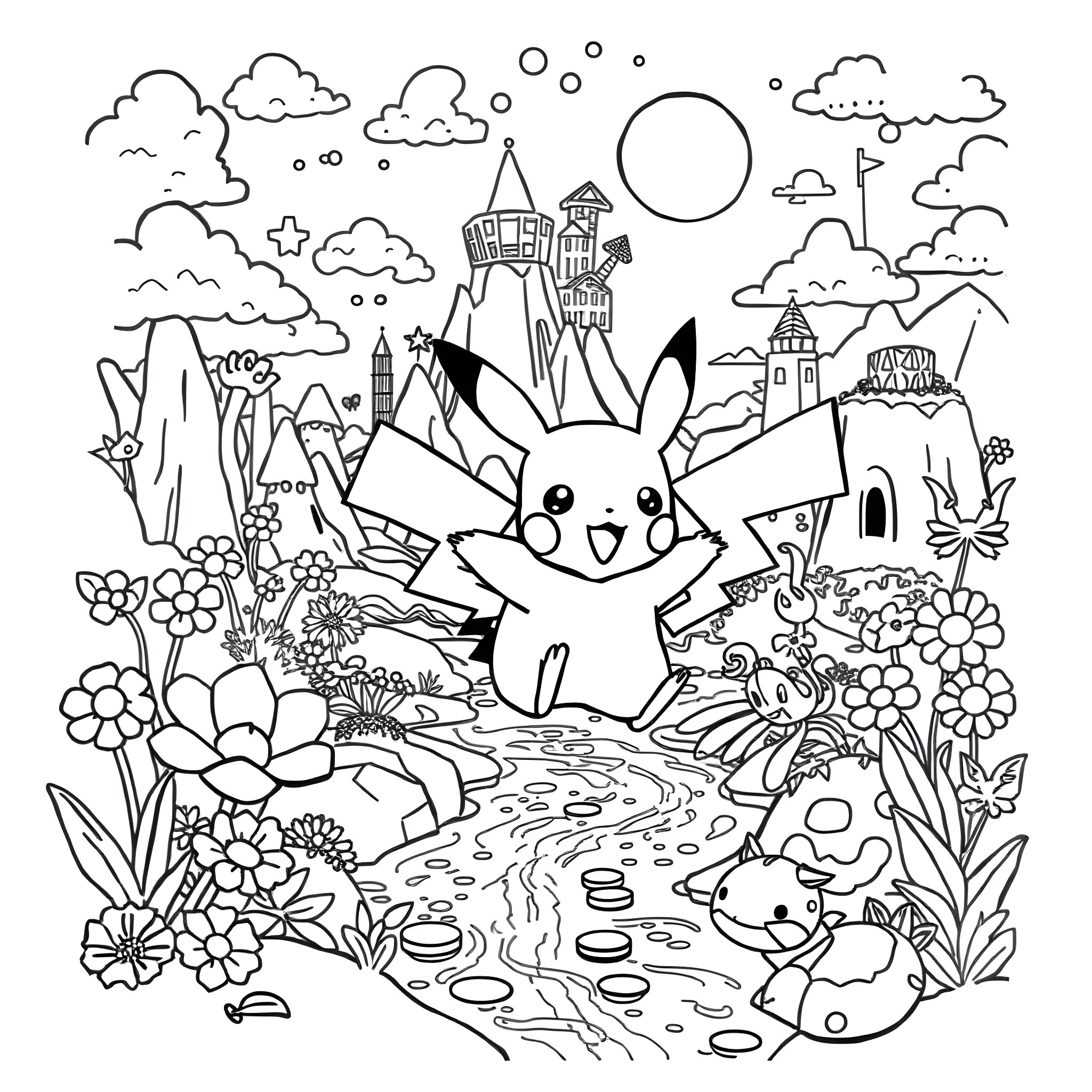 Pikachu enjoying a scenic landscape with castles and nature Coloring Page (free black-and-white line drawing printable PDF for all, from beginners to advanced learners, including children, teens, adults, and seniors)