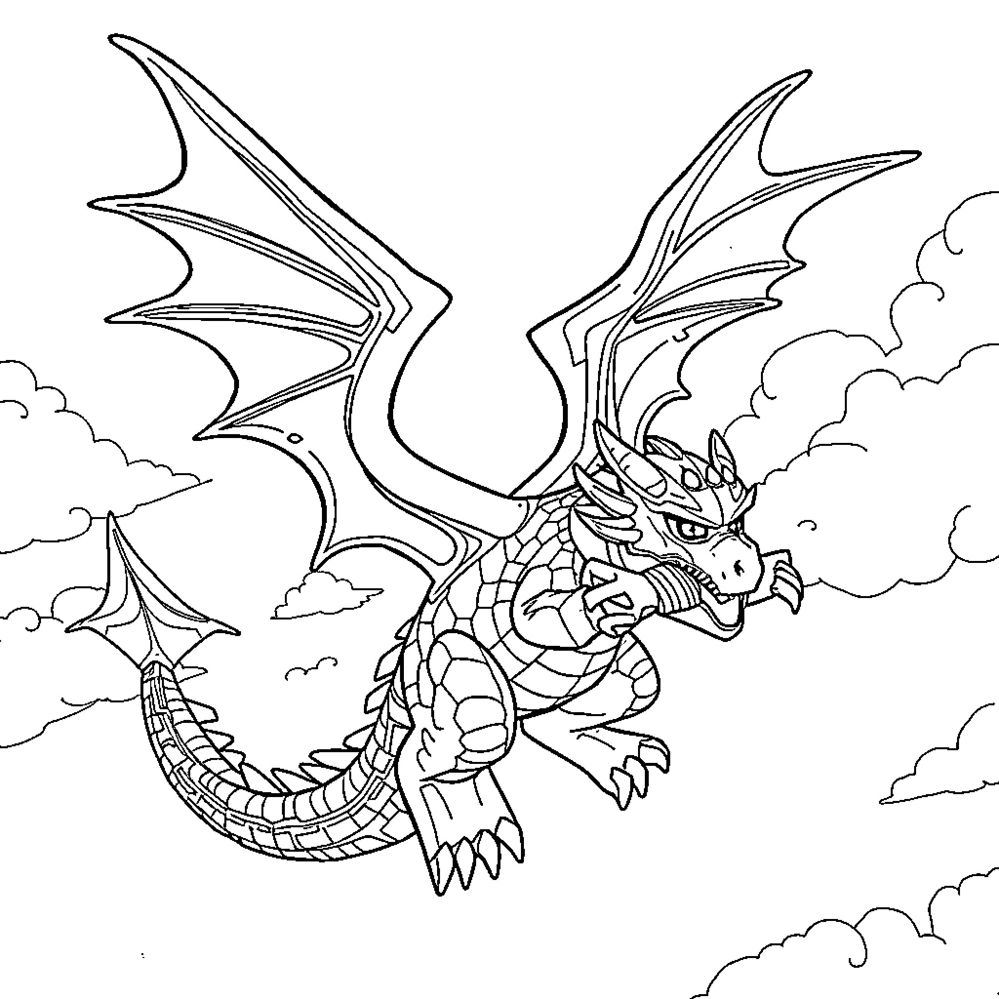Dragon soaring majestically through the skies Coloring Page (free black-and-white line drawing printable PDF for all, from beginners to advanced learners, including children, teens, adults, and seniors)