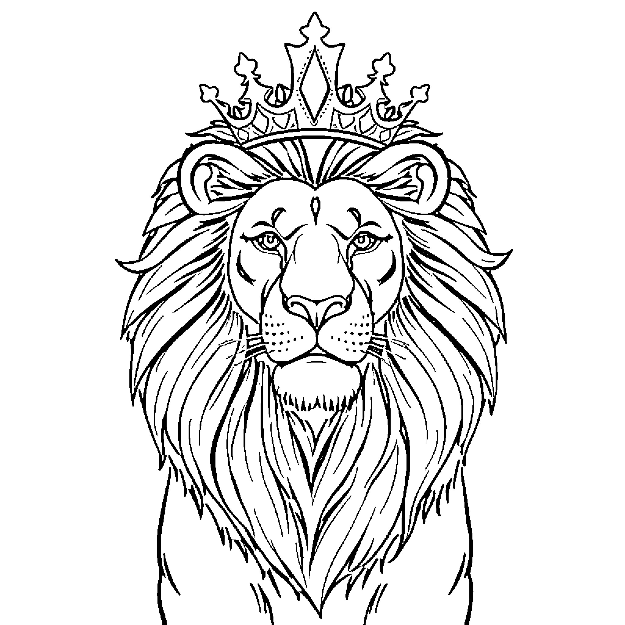 Lion with Majestic Crown Coloring Page (free black-and-white line drawing printable PDF for all, from beginners to advanced learners, including children, teens, adults, and seniors)