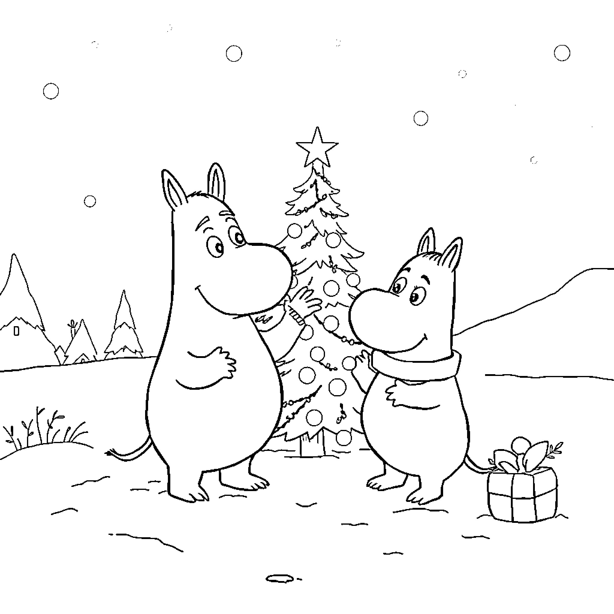 Moomin characters decorating a Christmas tree Coloring Page (free black-and-white line drawing printable PDF for all, from beginners to advanced learners, including children, teens, adults, and seniors)