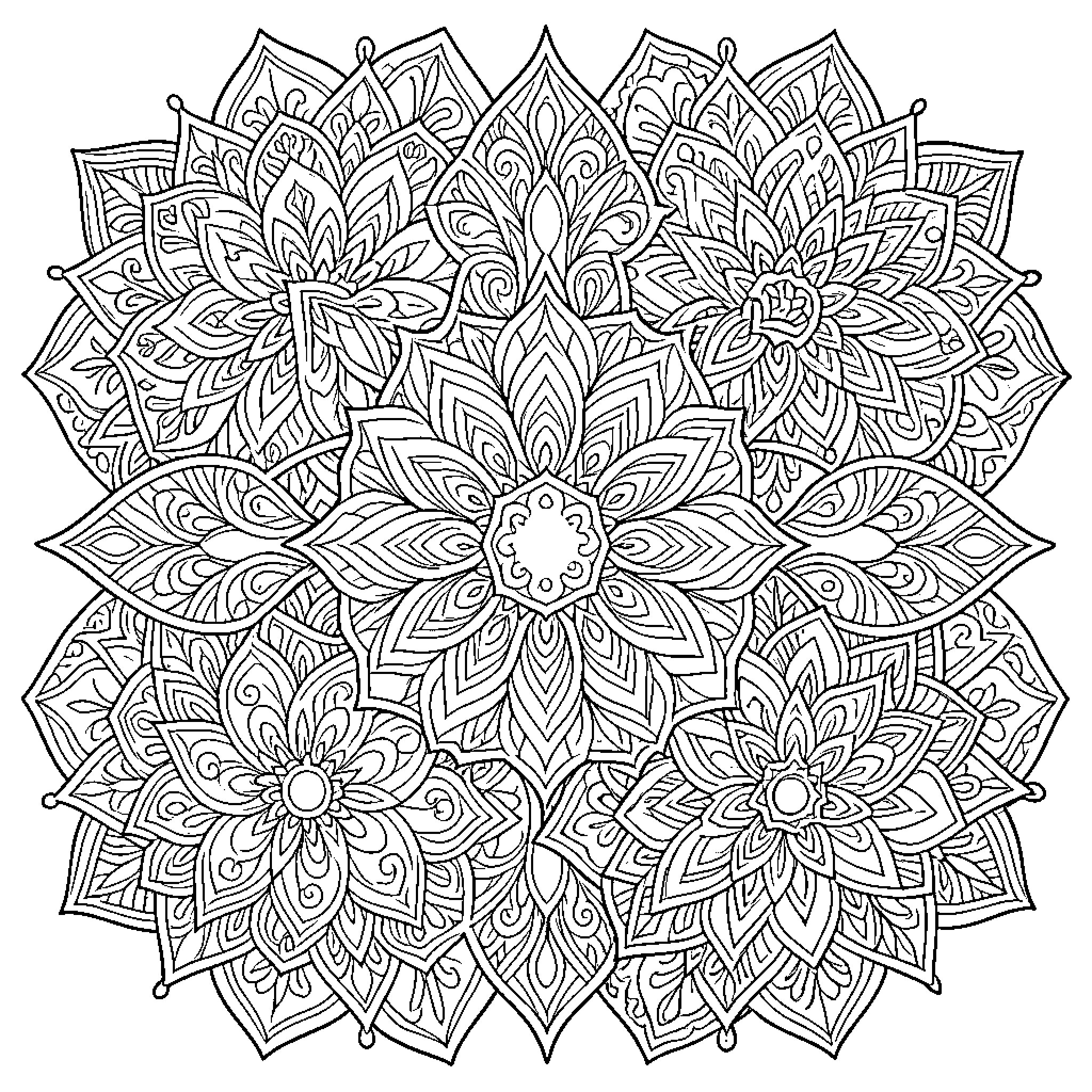 Mandalas with intricate floral designs Coloring Page (free black-and-white line drawing printable PDF for all, from beginners to advanced learners, including children, teens, adults, and seniors)
