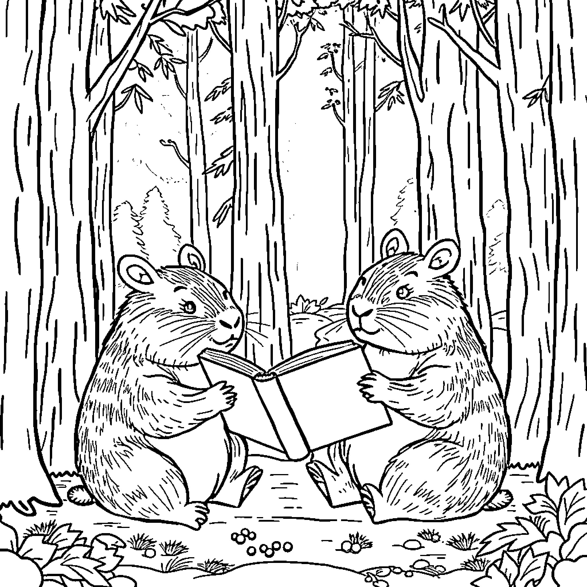Capybara friends reading in the forest Coloring Page (free black-and-white line drawing printable PDF for all, from beginners to advanced learners, including children, teens, adults, and seniors)