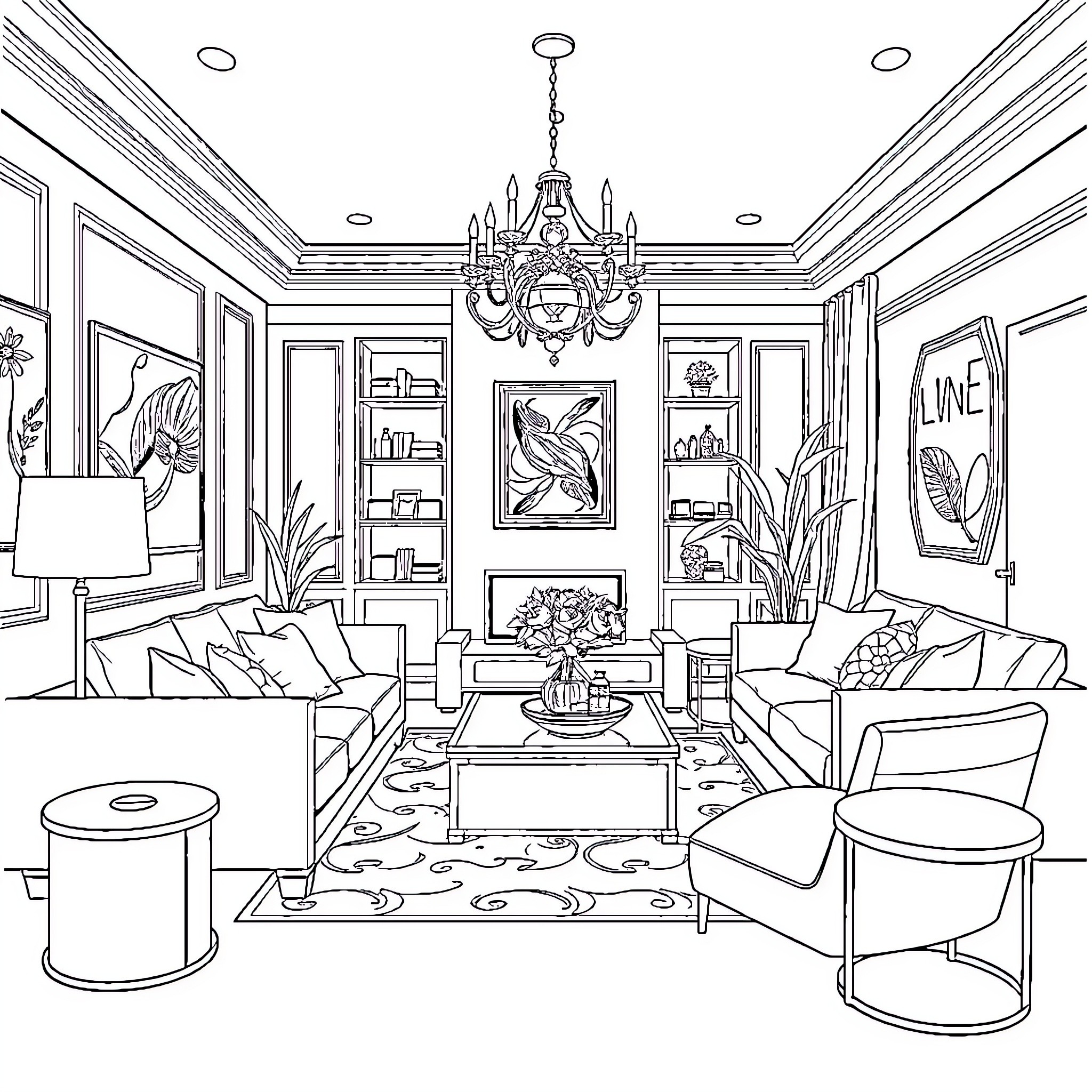 Living Room with Stylish Furnishings and Artwork Coloring Page (free black-and-white line drawing printable PDF for all, from beginners to advanced learners, including children, teens, adults, and seniors)