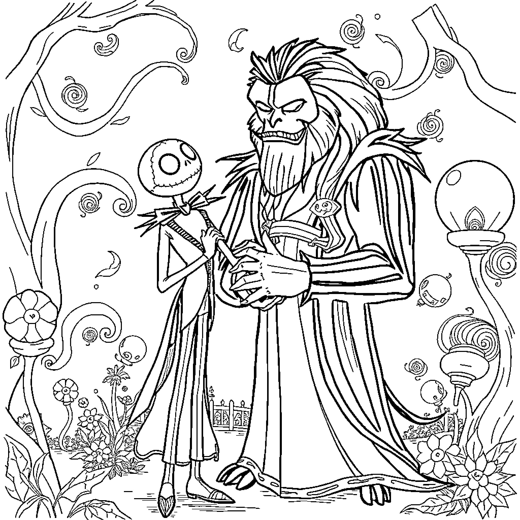 Jack and Sally in a Whimsical, Fantastical Embrace Coloring Page (free black-and-white line drawing printable PDF for all, from beginners to advanced learners, including children, teens, adults, and seniors)
