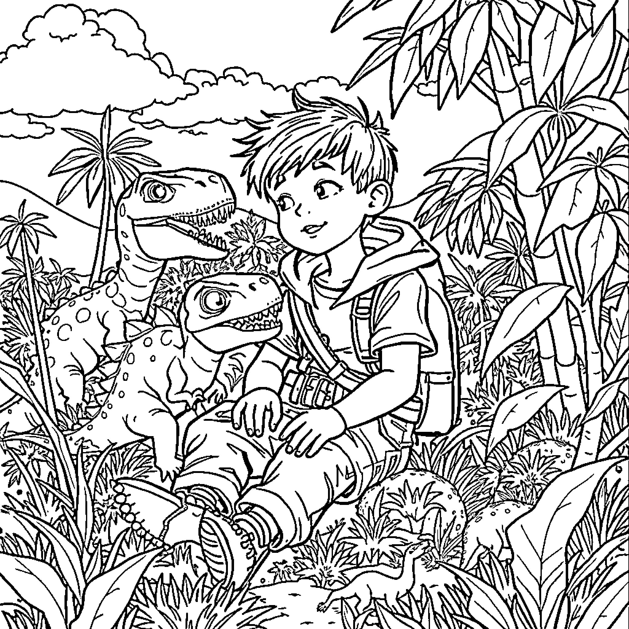 Dinosaur friends exploring the jungle Coloring Page (free black-and-white line drawing printable PDF for all, from beginners to advanced learners, including children, teens, adults, and seniors)