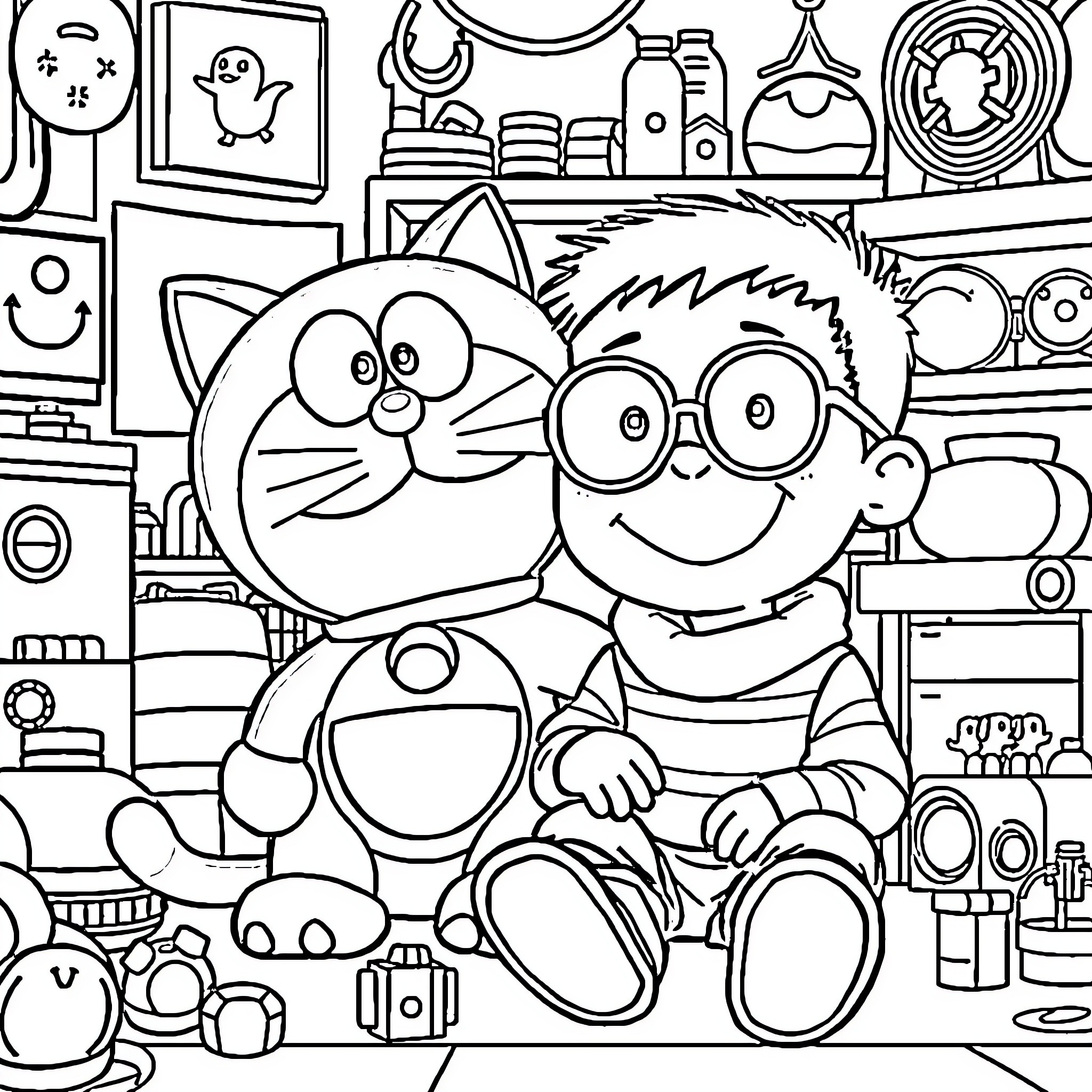 Doraemon and Nobita's Playful Adventures Coloring Page (free black-and-white line drawing printable PDF for all, from beginners to advanced learners, including children, teens, adults, and seniors)