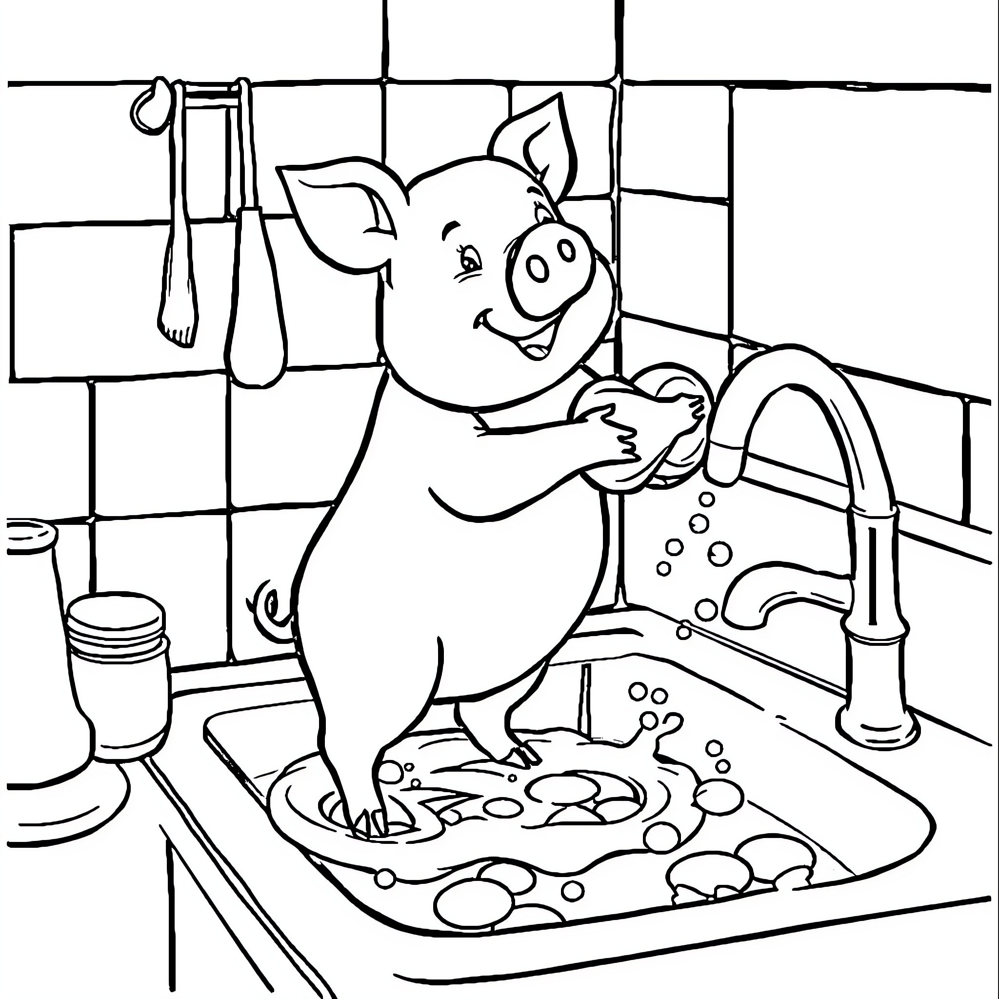 Pig washing dishes in the kitchen Coloring Page (free black-and-white line drawing printable PDF for all, from beginners to advanced learners, including children, teens, adults, and seniors)