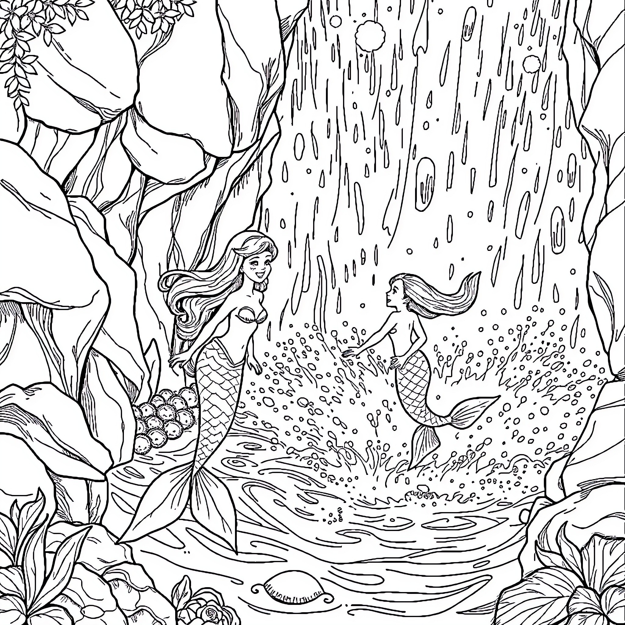 Mermaid Sisters Exploring Underwater Wonderland Coloring Page (free black-and-white line drawing printable PDF for all, from beginners to advanced learners, including children, teens, adults, and seniors)