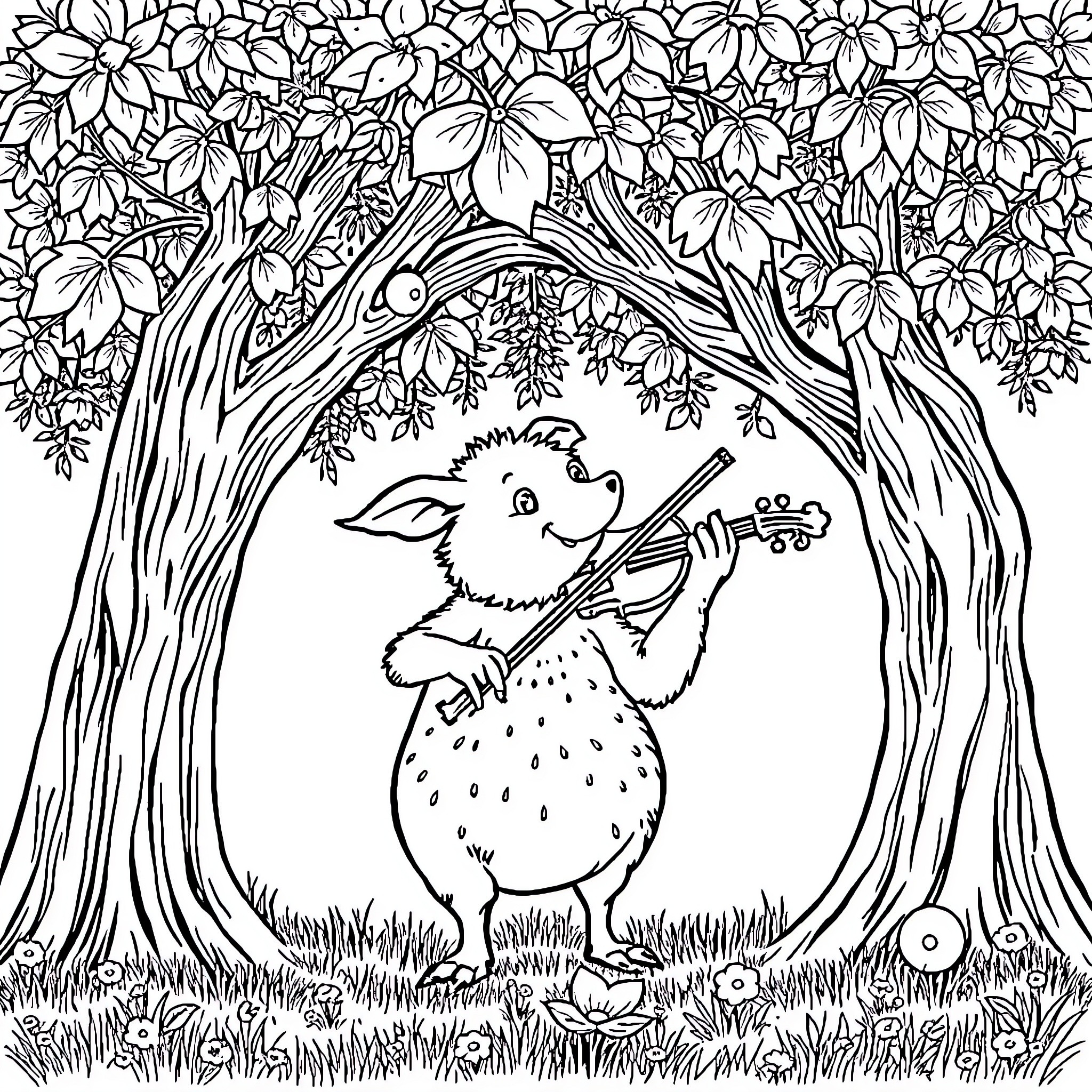 Violin Playing Cow in a Flowery Forest Coloring Page (free black-and-white line drawing printable PDF for all, from beginners to advanced learners, including children, teens, adults, and seniors)