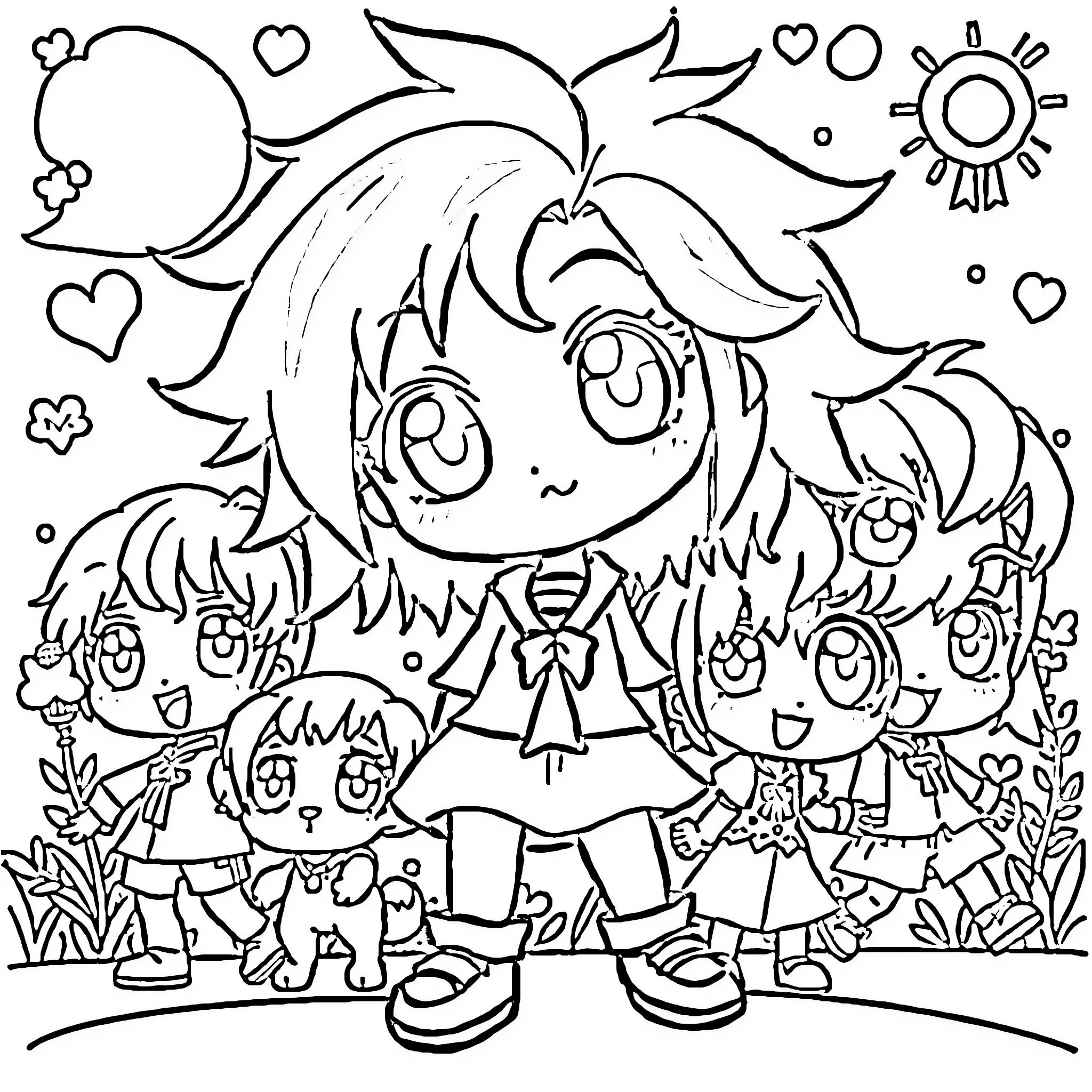 Anime Friends Enjoying Outdoor Adventure Coloring Page (free black-and-white line drawing printable PDF for all, from beginners to advanced learners, including children, teens, adults, and seniors)