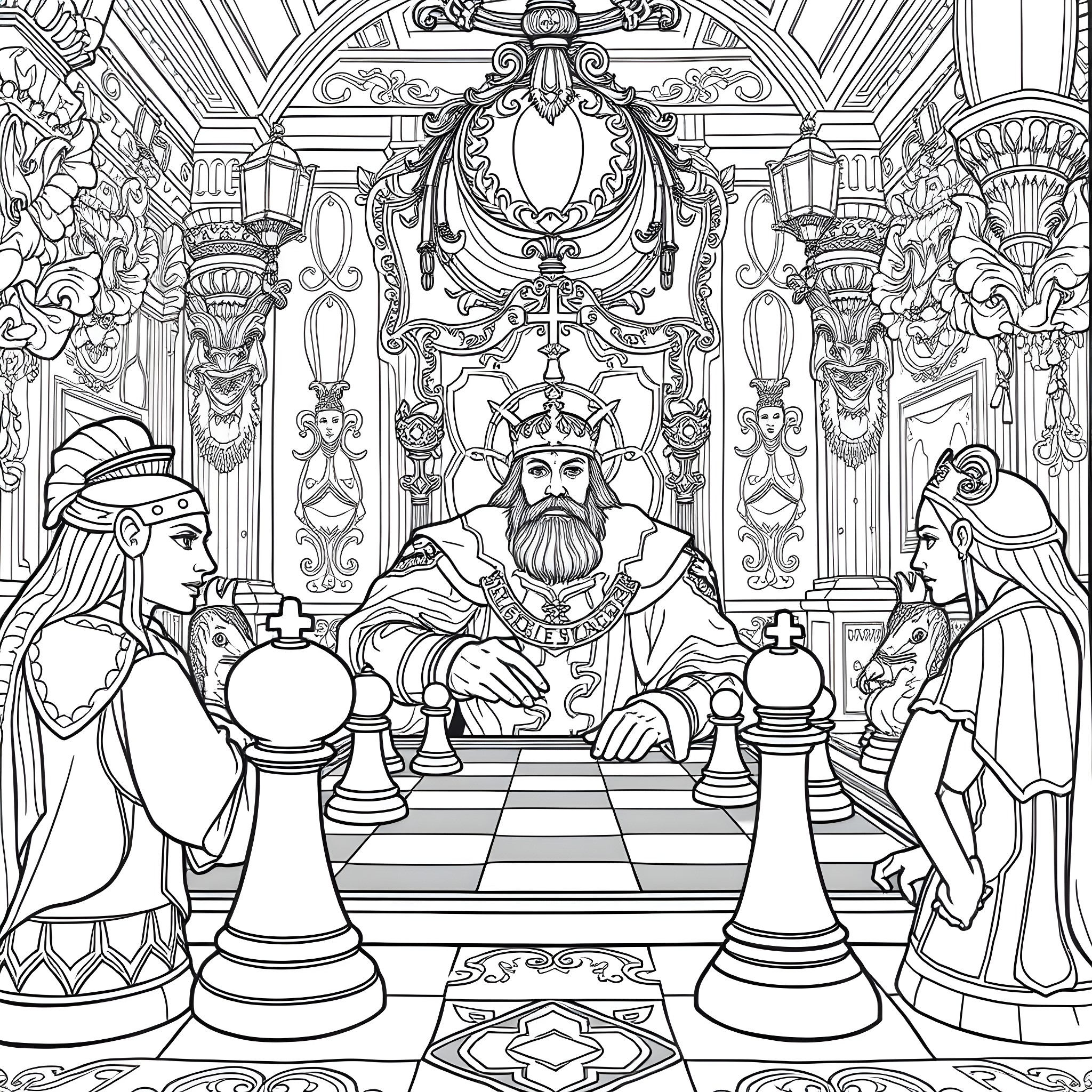 Sir Gamelyn's Royal Chess Match in the Palace Coloring Page (free black-and-white line drawing printable PDF for all, from beginners to advanced learners, including children, teens, adults, and seniors)