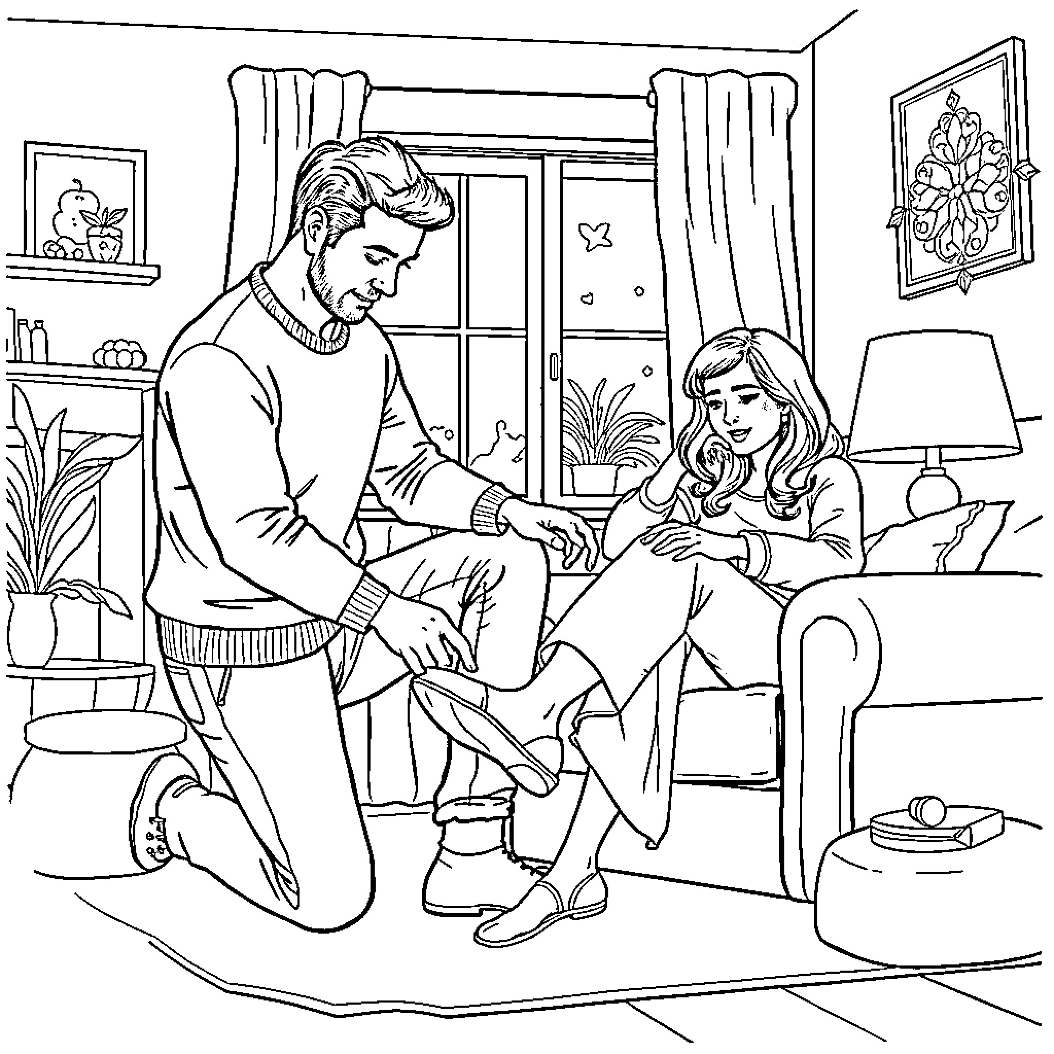 Man comforting young girl in living room Coloring Page (free black-and-white line drawing printable PDF for all, from beginners to advanced learners, including children, teens, adults, and seniors)