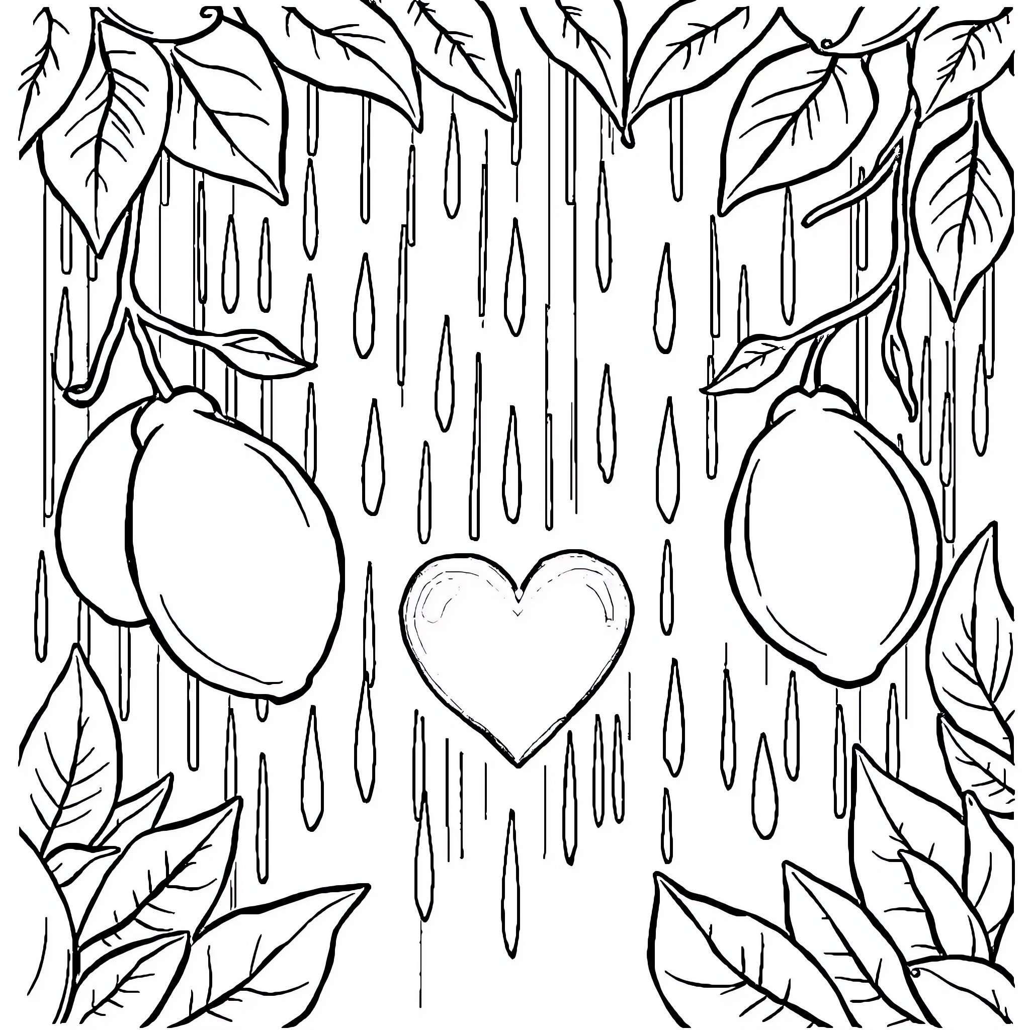 Lemon heart in rainy forest Coloring Page (free black-and-white line drawing printable PDF for all, from beginners to advanced learners, including children, teens, adults, and seniors)