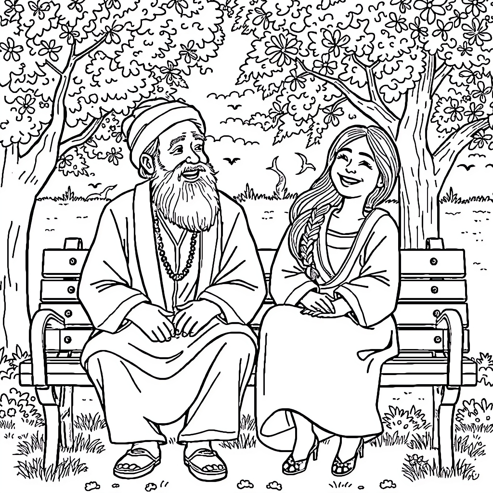 Rumi's peaceful conversation with a woman in a lush garden Coloring Page (free black-and-white line drawing printable PDF for all, from beginners to advanced learners, including children, teens, adults, and seniors)