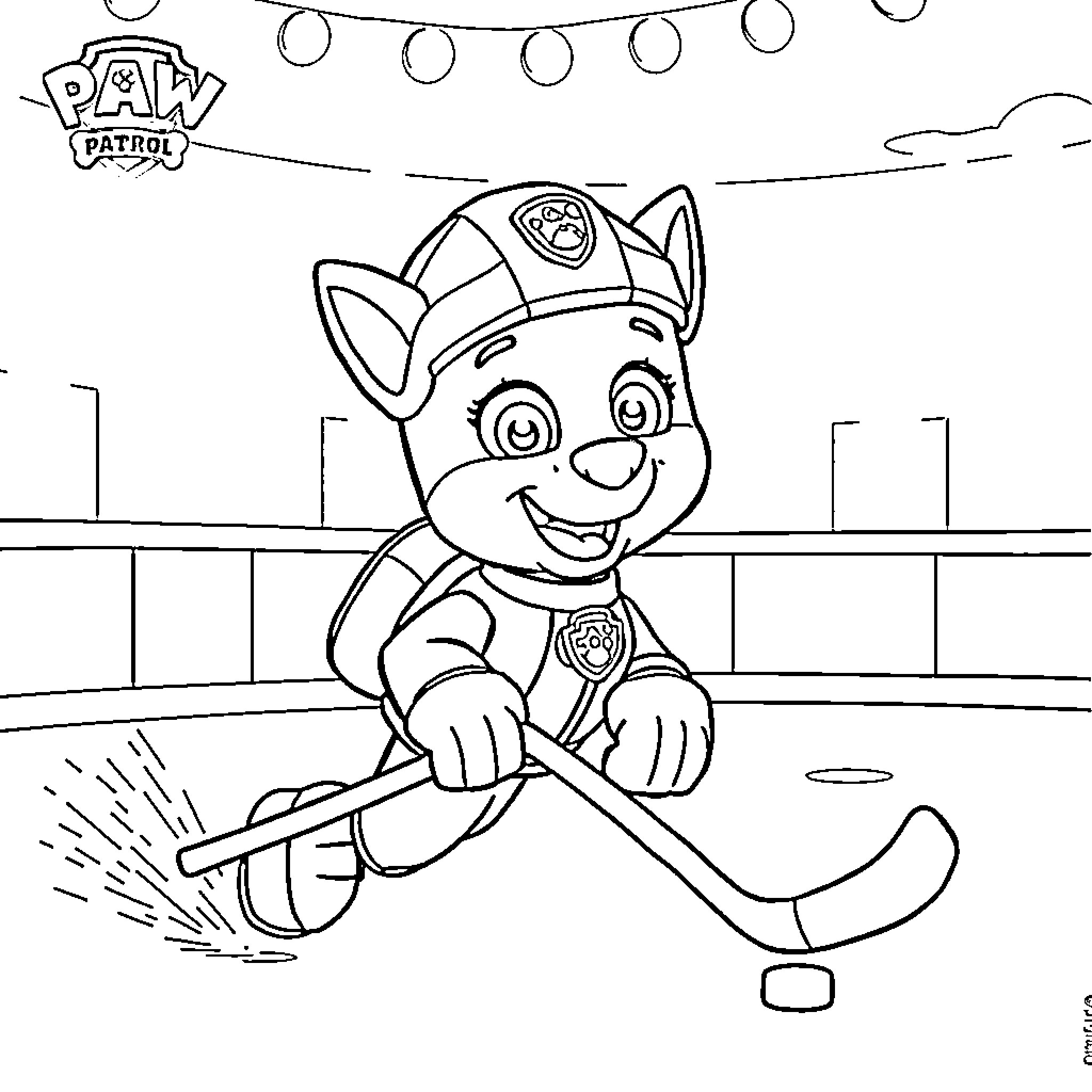 Paw Patrol puppy playing hockey on the ice rink Coloring Page (free black-and-white line drawing printable PDF for all, from beginners to advanced learners, including children, teens, adults, and seniors)