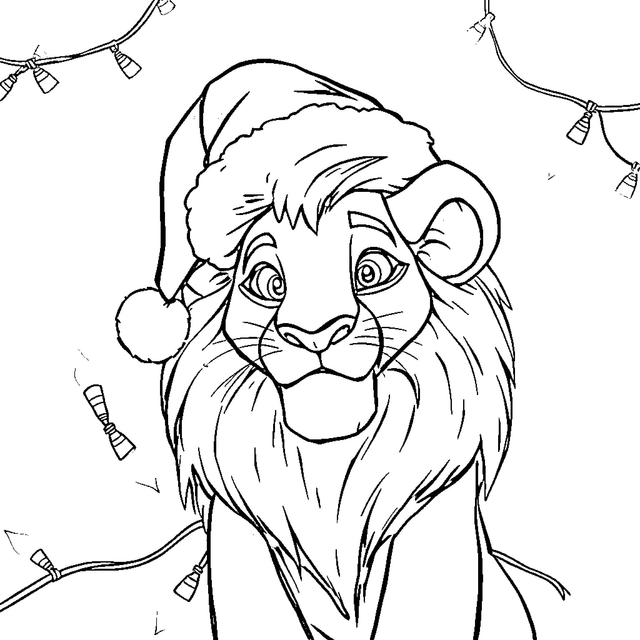 Simba wearing a Christmas hat and lights Coloring Page (free black-and-white line drawing printable PDF for all, from beginners to advanced learners, including children, teens, adults, and seniors)