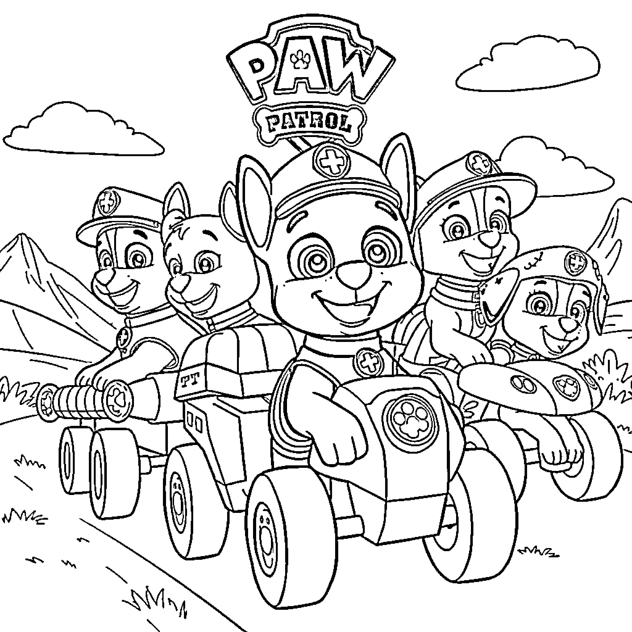 Paw Patrol characters in action adventure Coloring Page (free black-and-white line drawing printable PDF for all, from beginners to advanced learners, including children, teens, adults, and seniors)