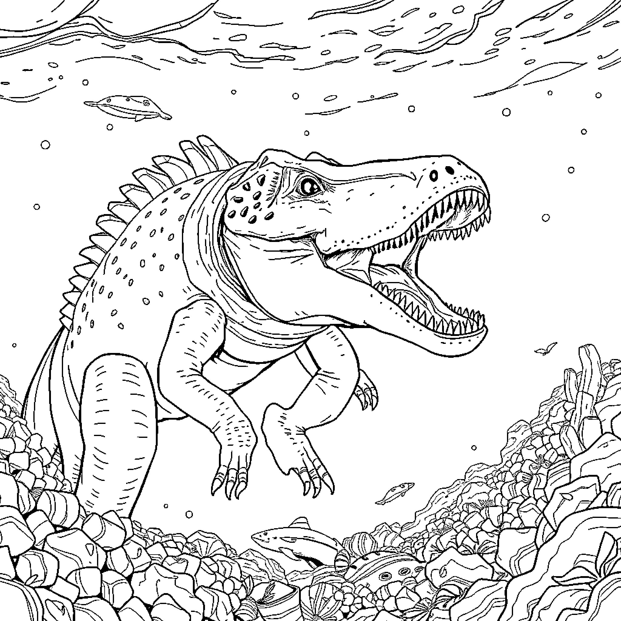 Megalodon hunting among underwater rocks and coral Coloring Page (free black-and-white line drawing printable PDF for all, from beginners to advanced learners, including children, teens, adults, and seniors)