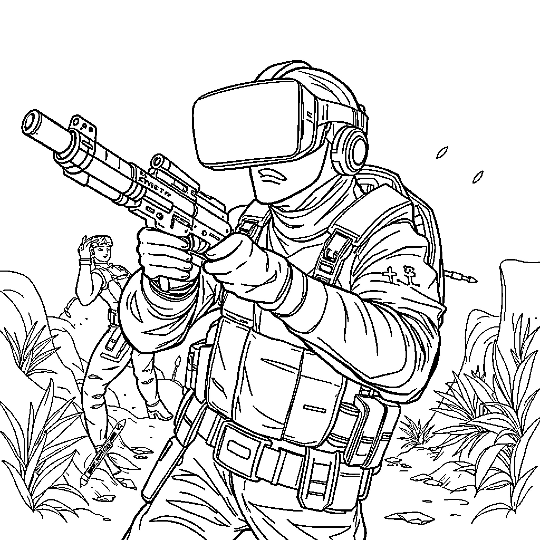 VR Soldier Immersed in Virtual Combat Scenario Coloring Page (free black-and-white line drawing printable PDF for all, from beginners to advanced learners, including children, teens, adults, and seniors)