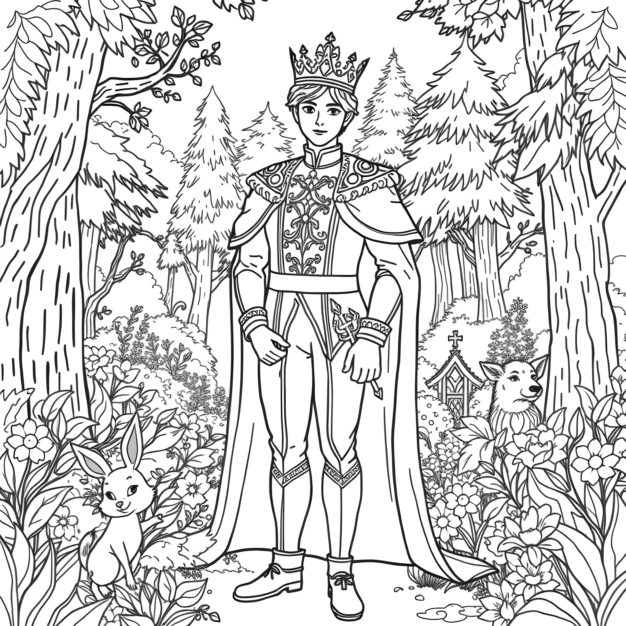 Prince in Ornate Attire Amidst Nature's Splendor Coloring Page (free black-and-white line drawing printable PDF for all, from beginners to advanced learners, including children, teens, adults, and seniors)