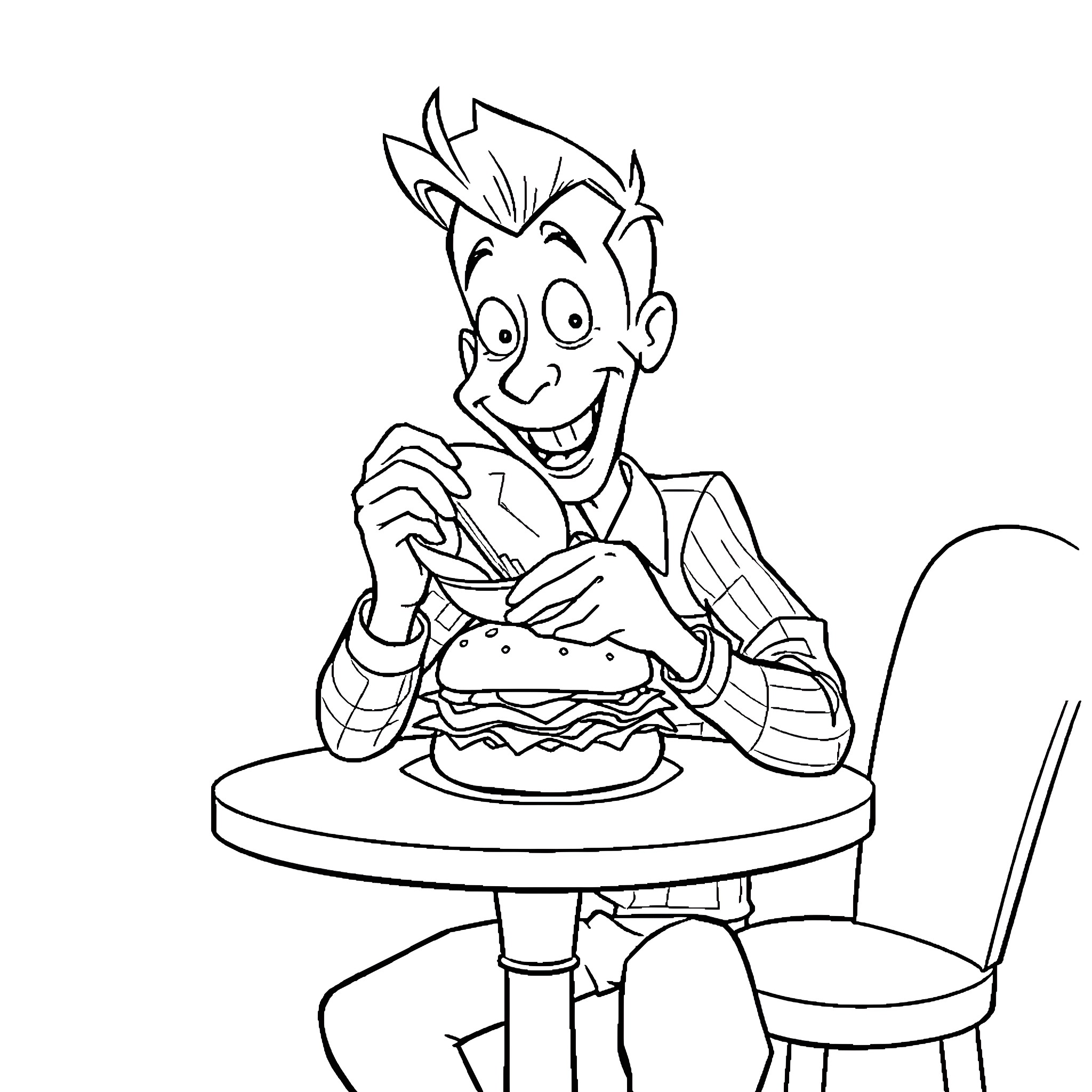 Don Knotts enjoys a delightful burger Coloring Page (free black-and-white line drawing printable PDF for all, from beginners to advanced learners, including children, teens, adults, and seniors)