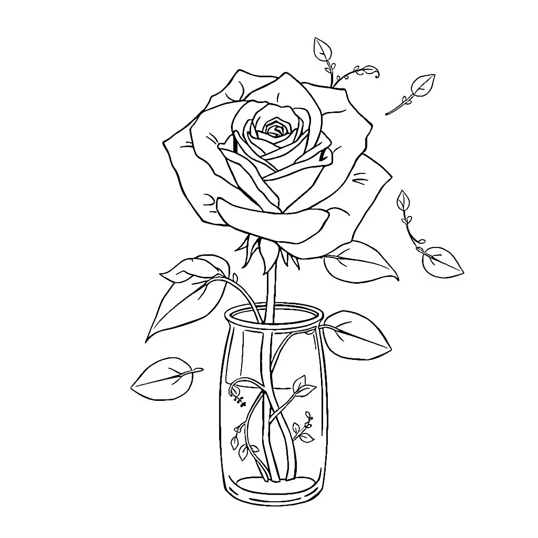 Rose in a Glass Vase with Leaves Coloring Page (free black-and-white line drawing printable PDF for all, from beginners to advanced learners, including children, teens, adults, and seniors)