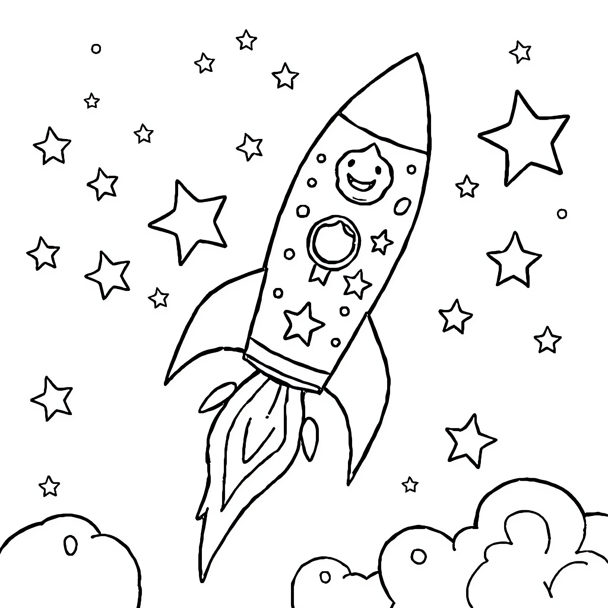 Rocket blasting off with stars in the sky Coloring Page (free black-and-white line drawing printable PDF for all, from beginners to advanced learners, including children, teens, adults, and seniors)