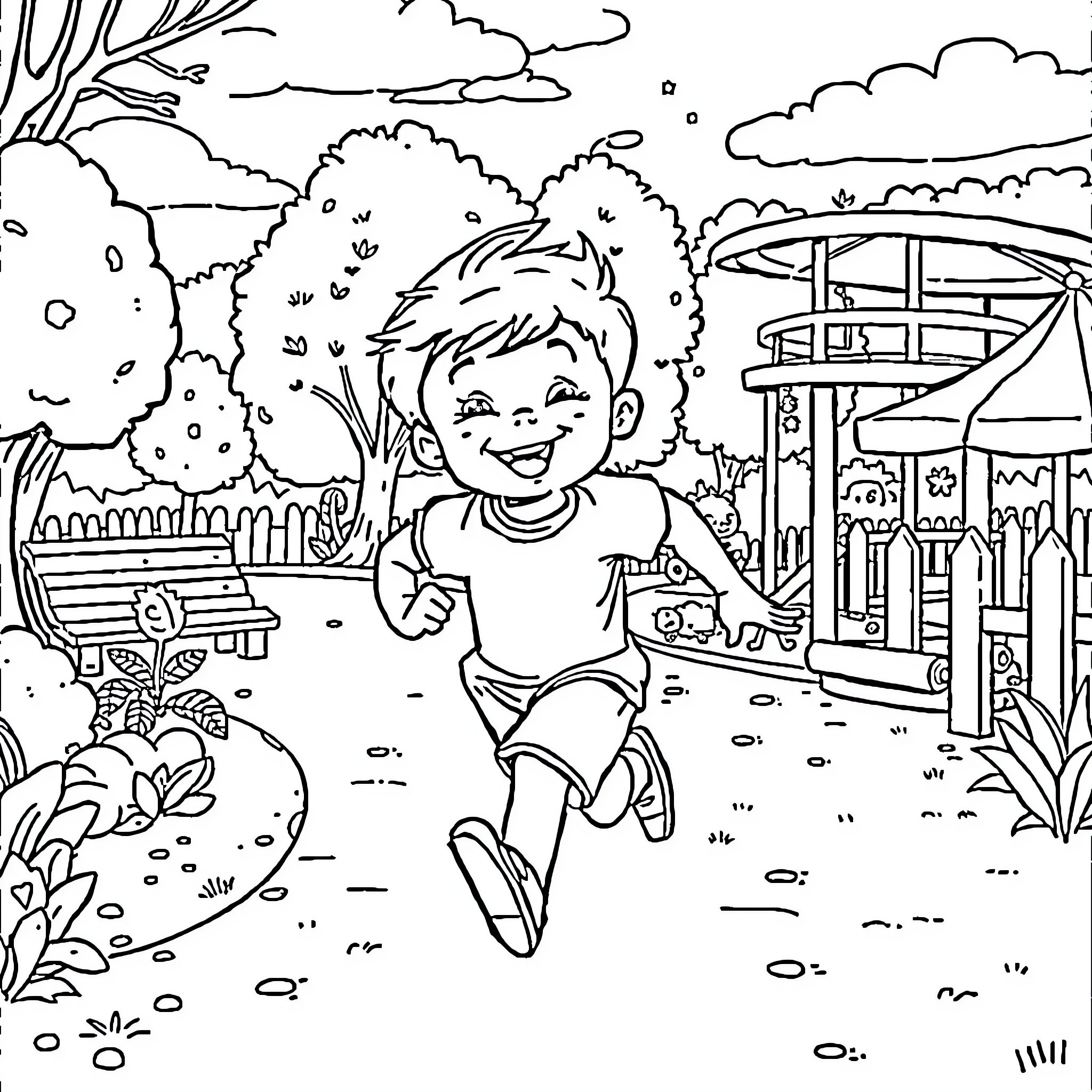 Child playing happily in the park Coloring Page (free black-and-white line drawing printable PDF for all, from beginners to advanced learners, including children, teens, adults, and seniors)