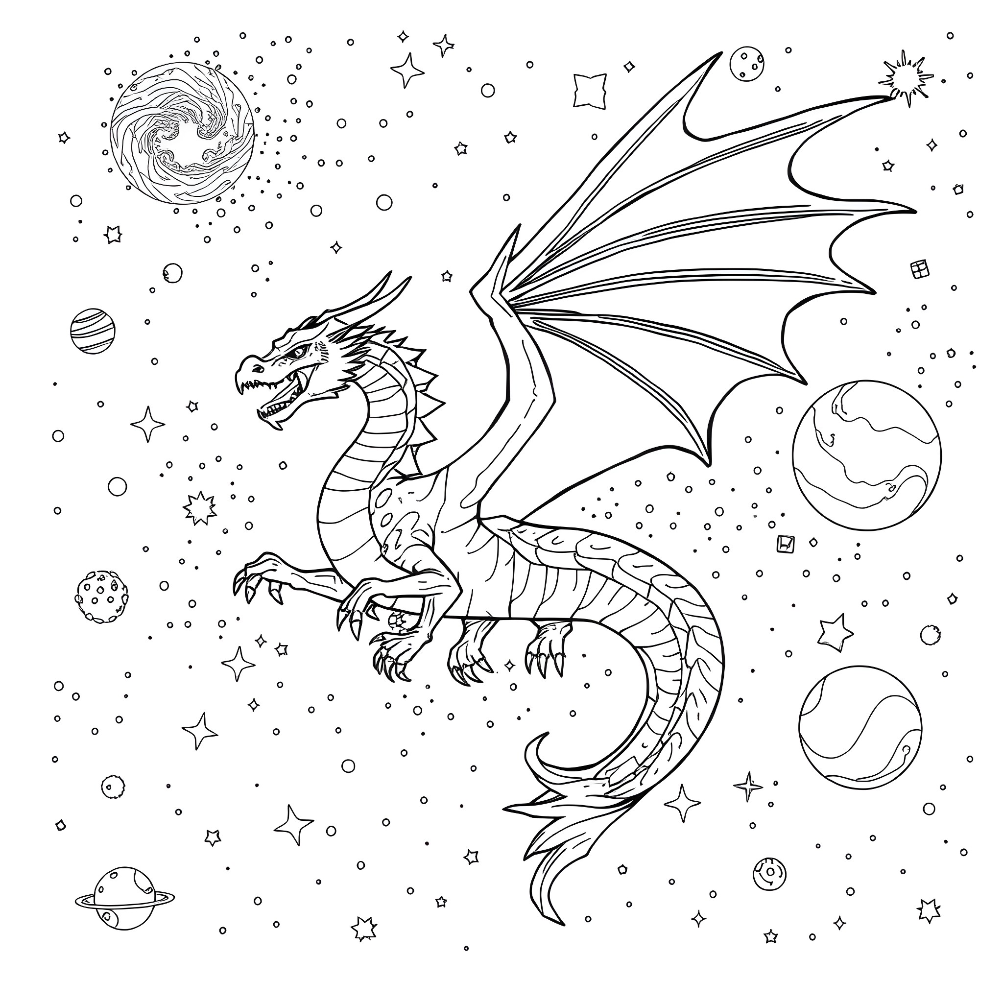 Dragon Soaring Through Cosmic Wonderland Coloring Page (free black-and-white line drawing printable PDF for all, from beginners to advanced learners, including children, teens, adults, and seniors)