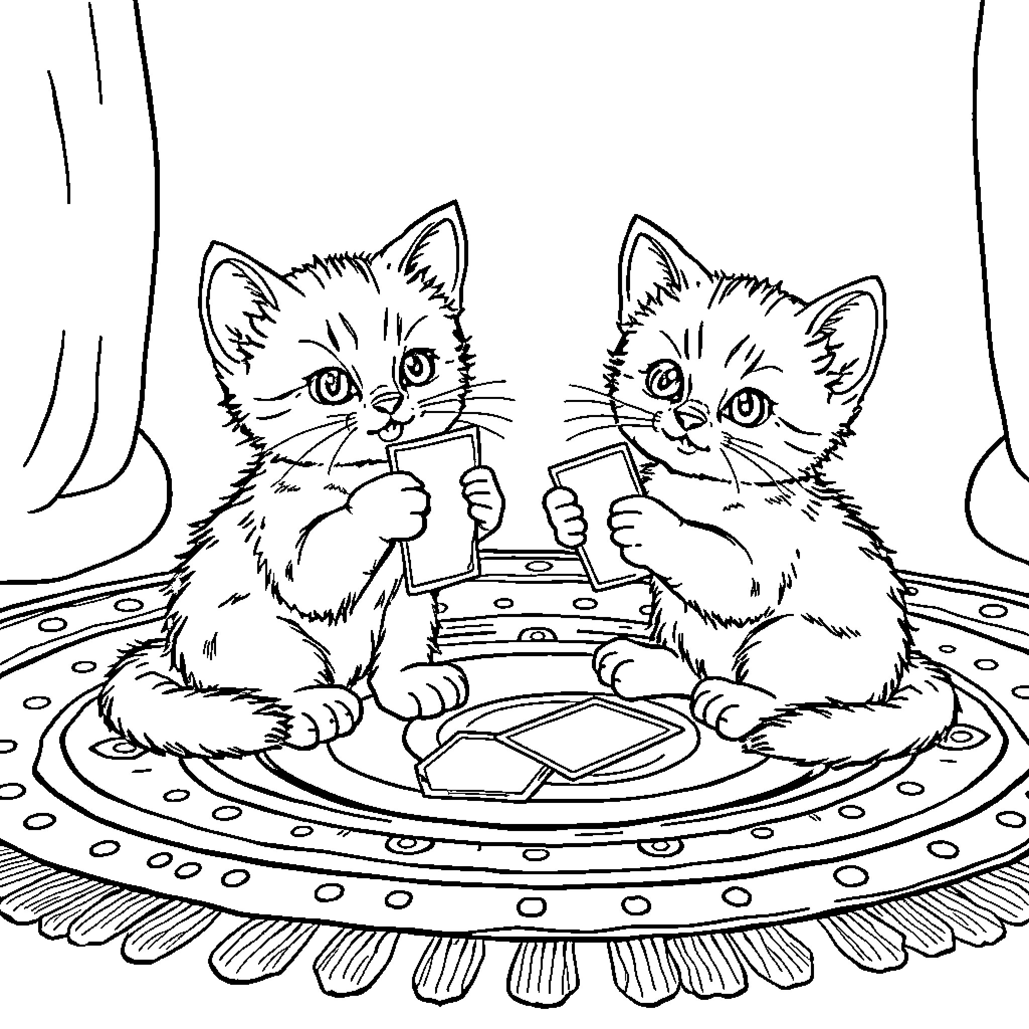 Kittens playing on a colorful round platform Coloring Page (free black-and-white line drawing printable PDF for all, from beginners to advanced learners, including children, teens, adults, and seniors)