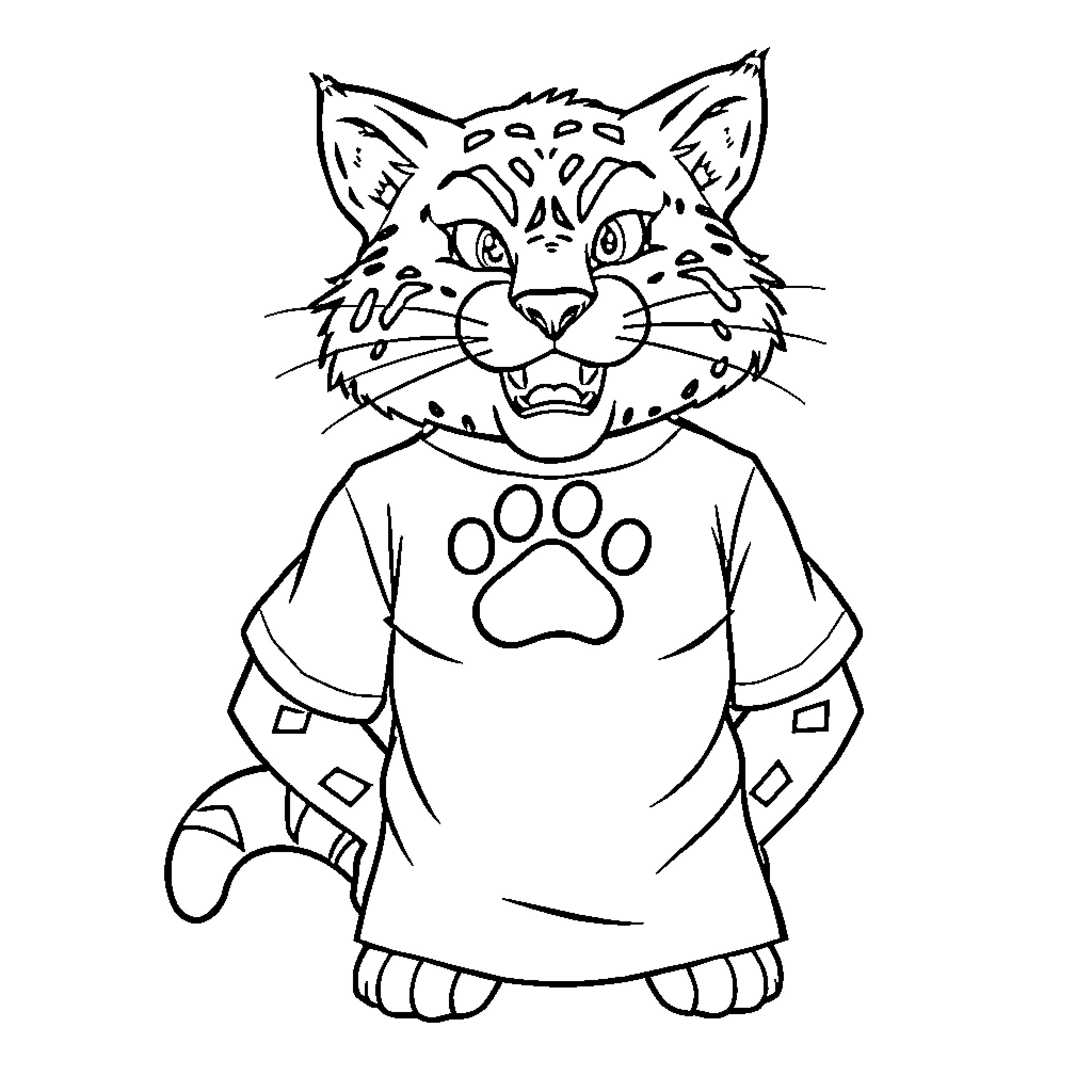 Wildcat wearing patterned shirt Coloring Page (free black-and-white line drawing printable PDF for all, from beginners to advanced learners, including children, teens, adults, and seniors)