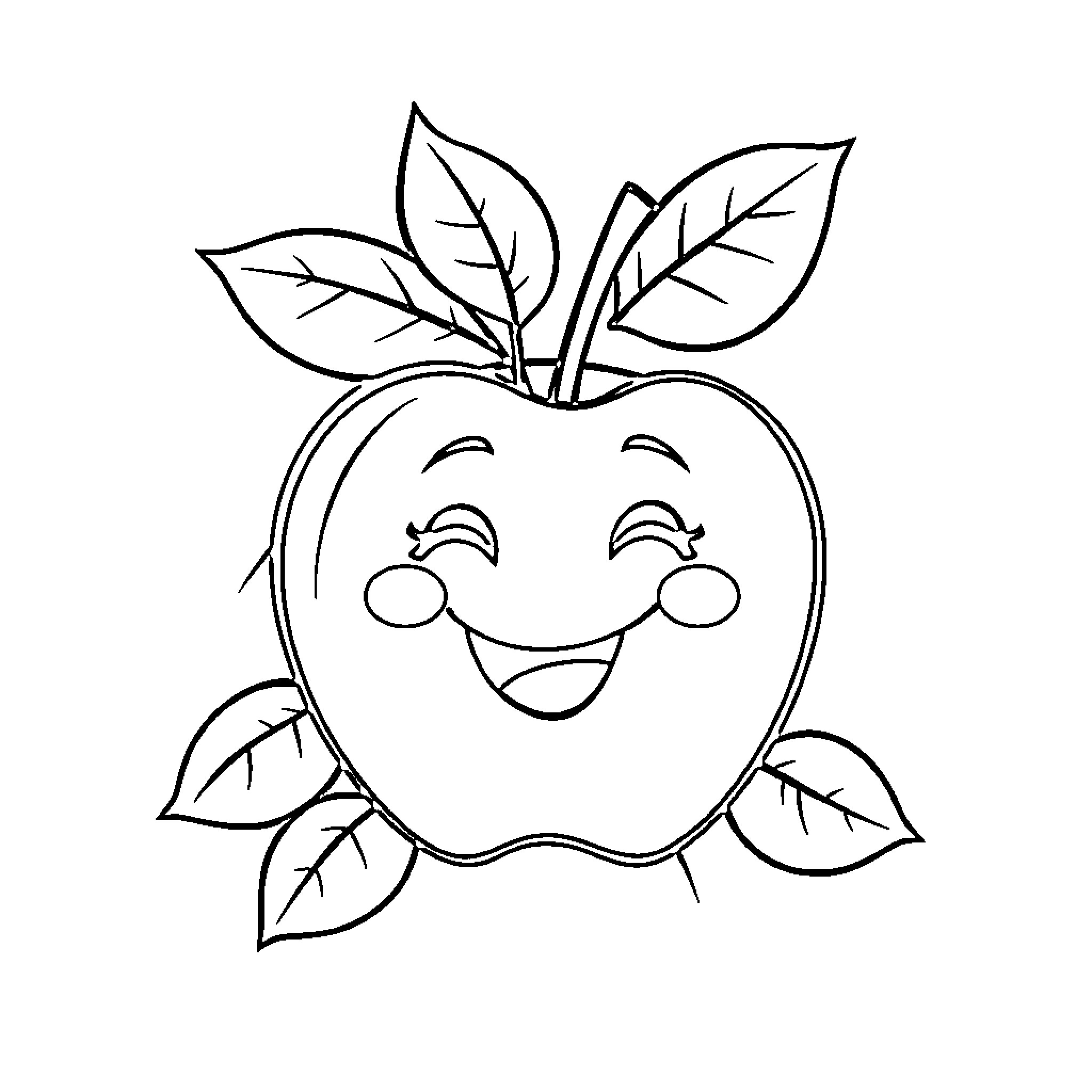 Apple with Cheerful Expression and Leaves Coloring Page (free black-and-white line drawing printable PDF for all, from beginners to advanced learners, including children, teens, adults, and seniors)