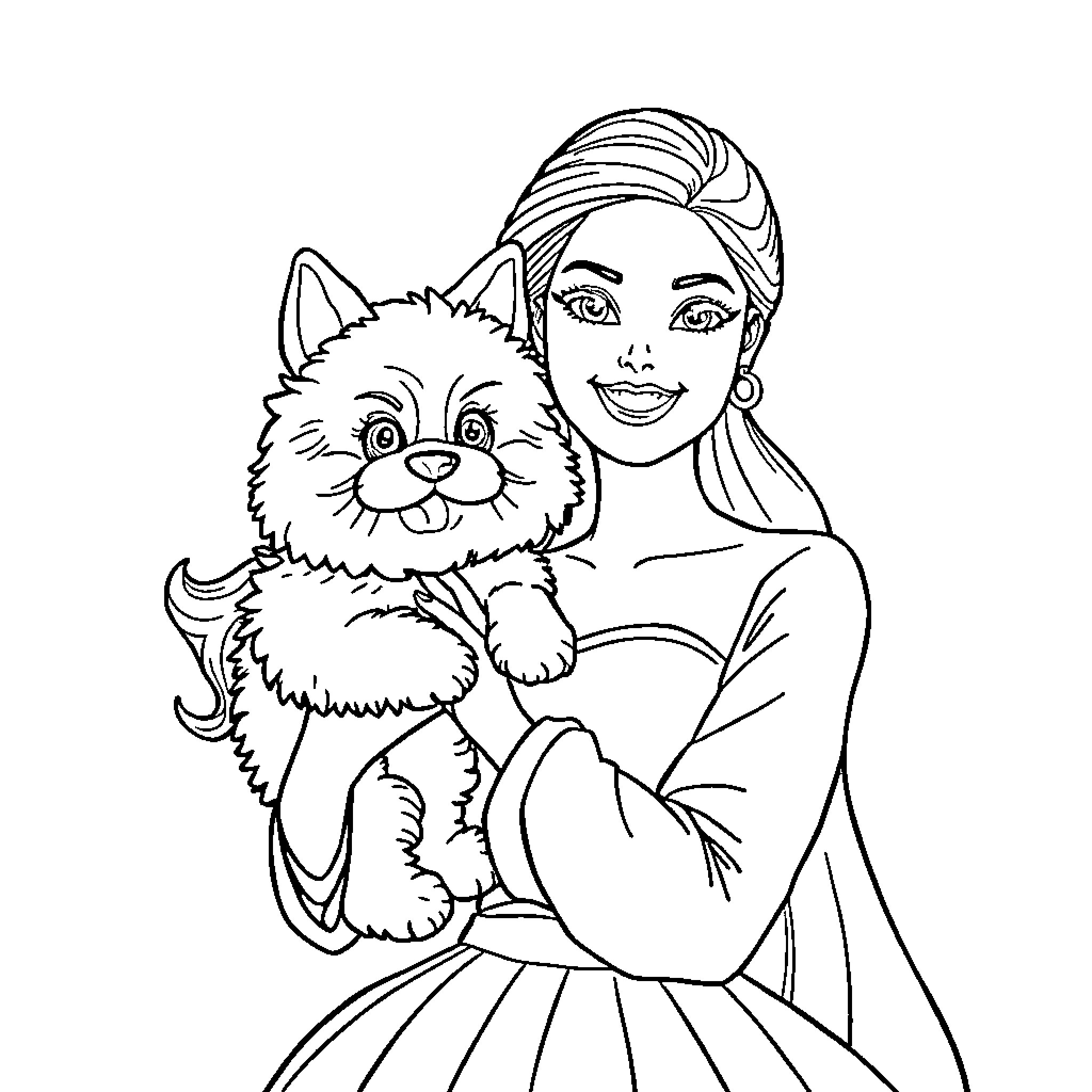 Barbie holding a cute pet in a casual outfit Coloring Page (free black-and-white line drawing printable PDF for all, from beginners to advanced learners, including children, teens, adults, and seniors)