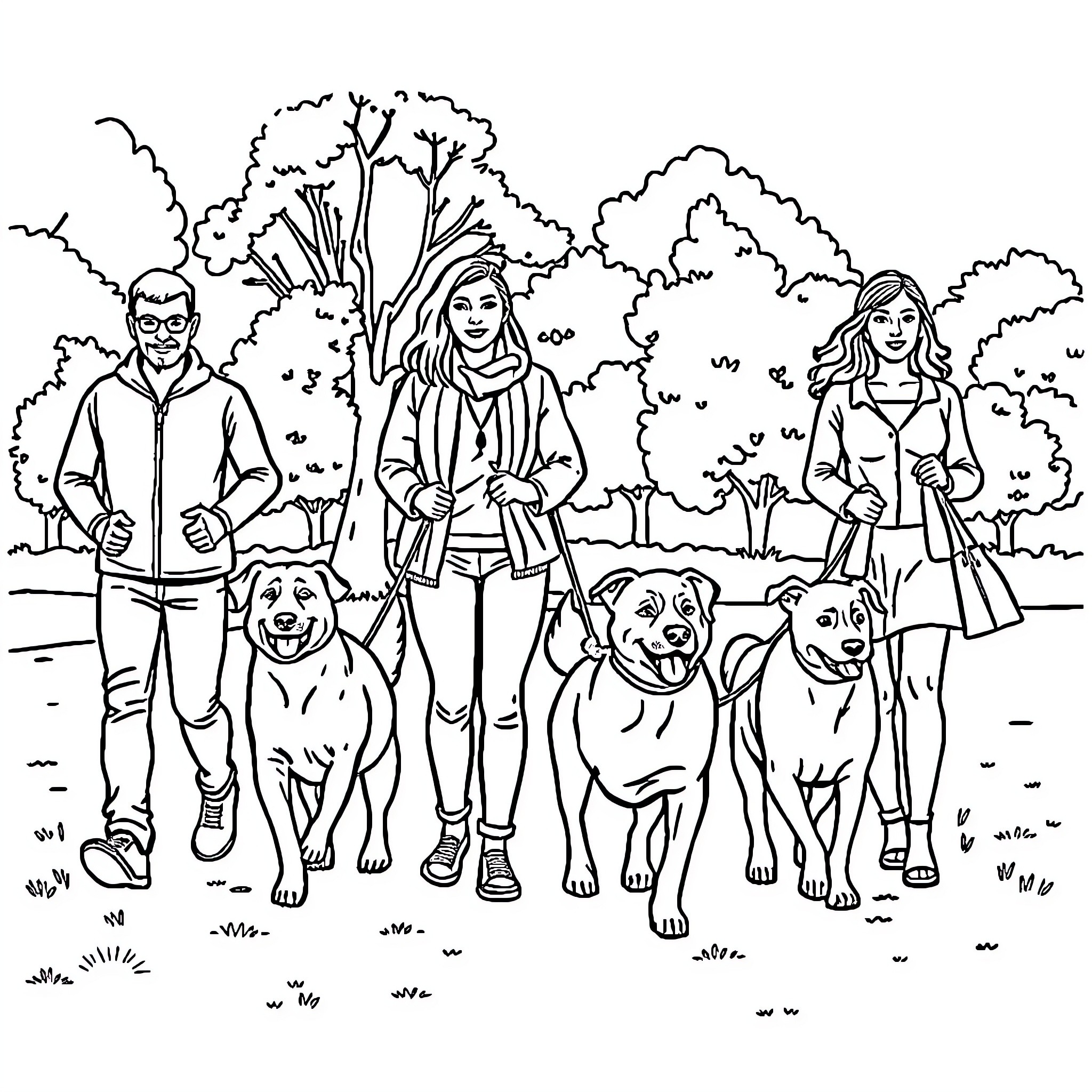 Dog friends walking happily in the park Coloring Page (free black-and-white line drawing printable PDF for all, from beginners to advanced learners, including children, teens, adults, and seniors)