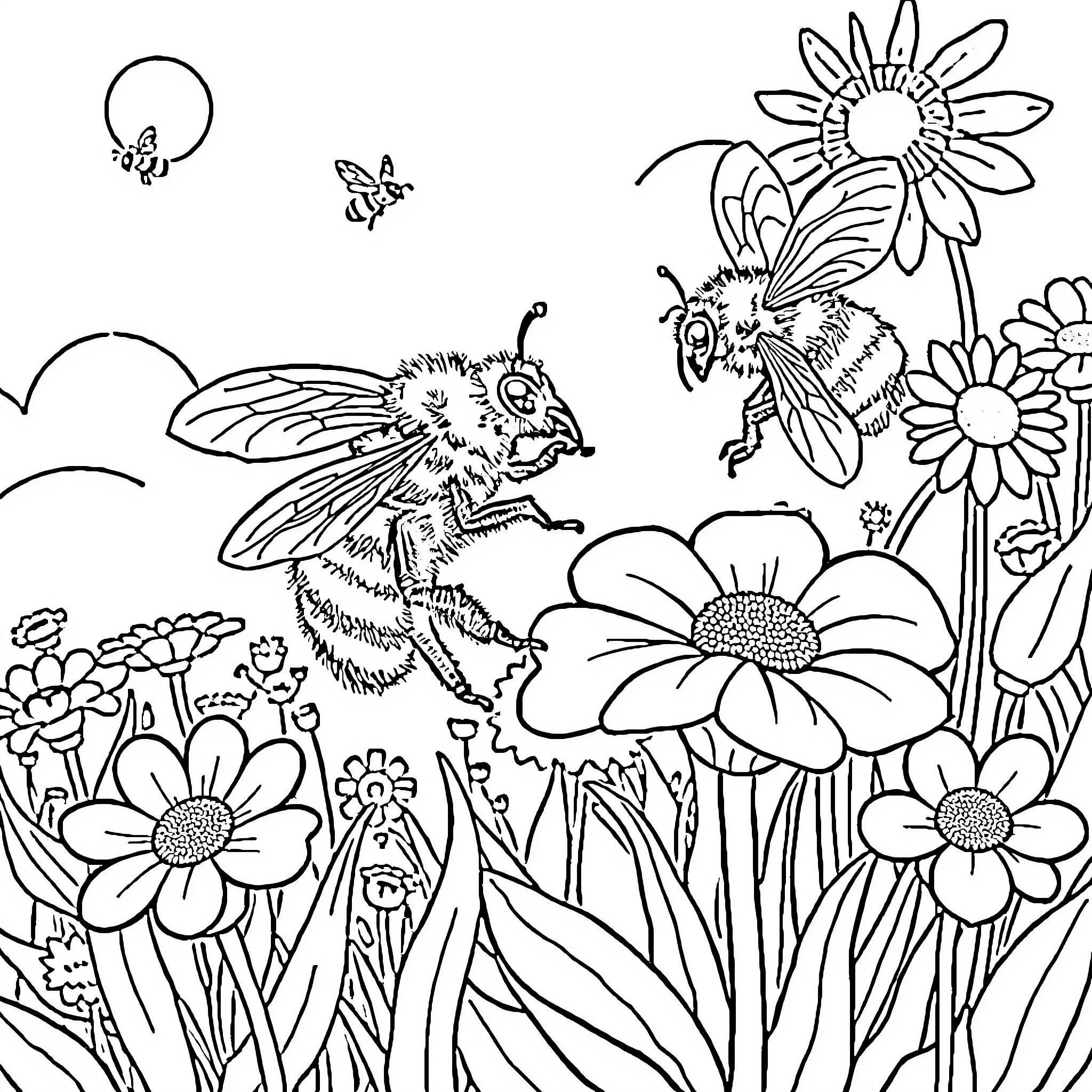 Bumblebee exploring a floral garden Coloring Page (free black-and-white line drawing printable PDF for all, from beginners to advanced learners, including children, teens, adults, and seniors)