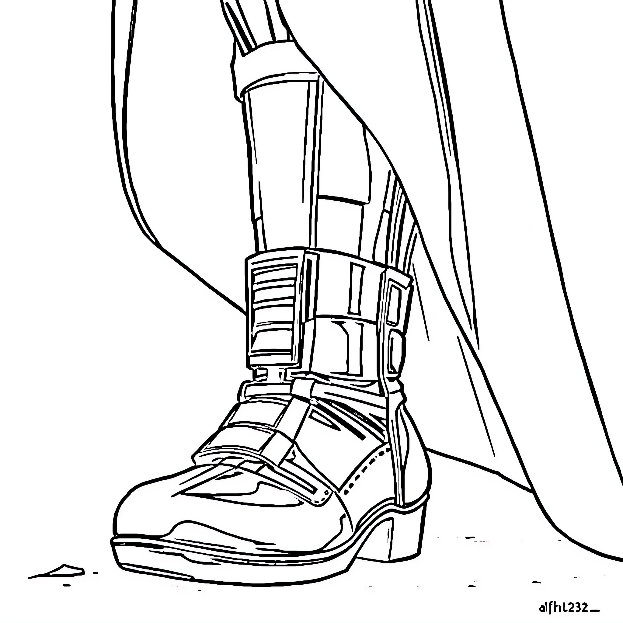 Vador's Iconic Boots in Action Coloring Page (free black-and-white line drawing printable PDF for all, from beginners to advanced learners, including children, teens, adults, and seniors)