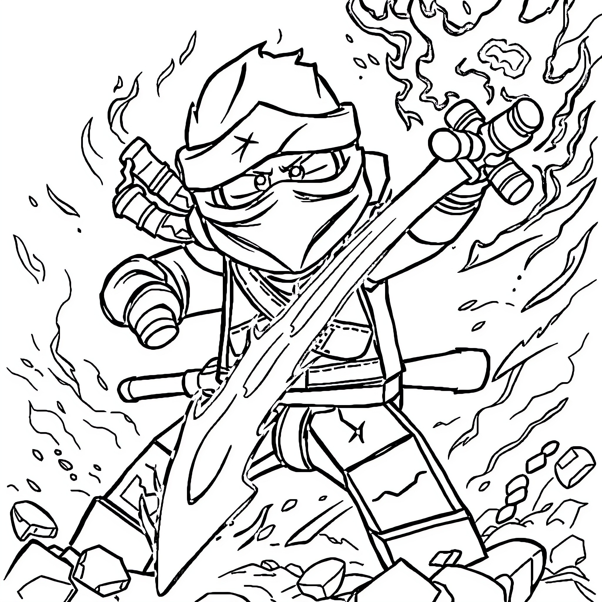 Kai's Fierce Battle with Weapons and Explosions Coloring Page (free black-and-white line drawing printable PDF for all, from beginners to advanced learners, including children, teens, adults, and seniors)