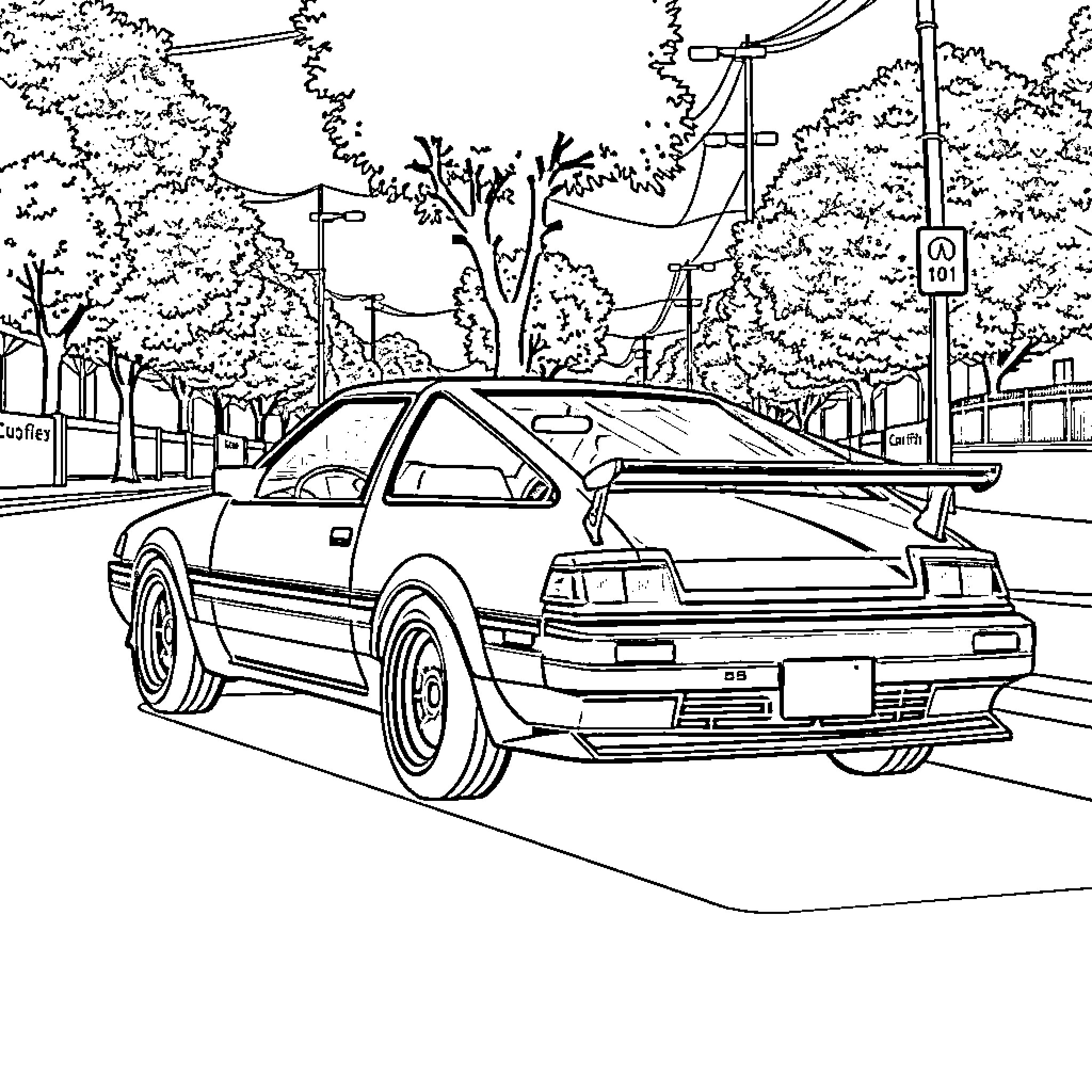 Ae86 sports car on city street Coloring Page (free black-and-white line drawing printable PDF for all, from beginners to advanced learners, including children, teens, adults, and seniors)
