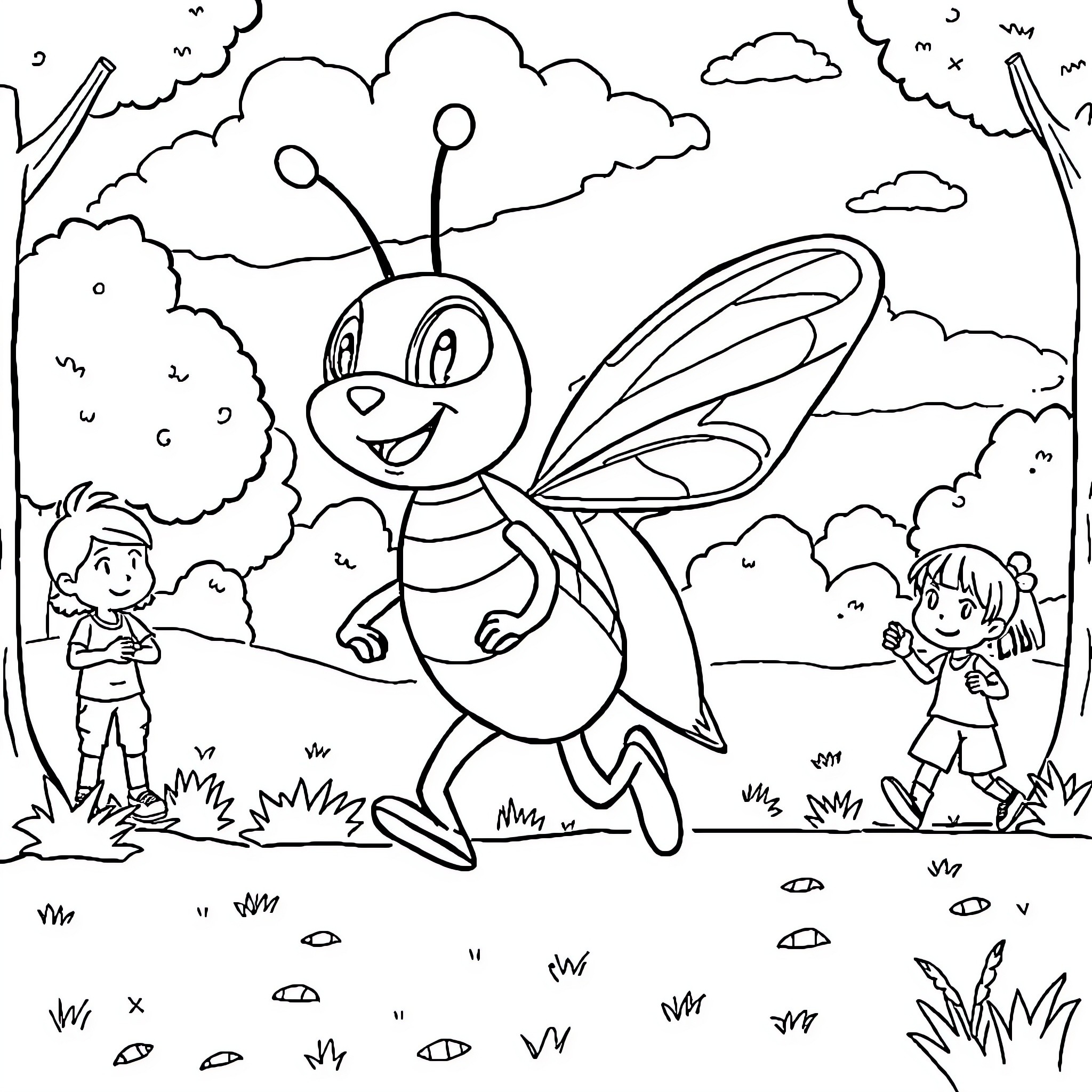Patrol of playful creatures in a natural setting Coloring Page (free black-and-white line drawing printable PDF for all, from beginners to advanced learners, including children, teens, adults, and seniors)