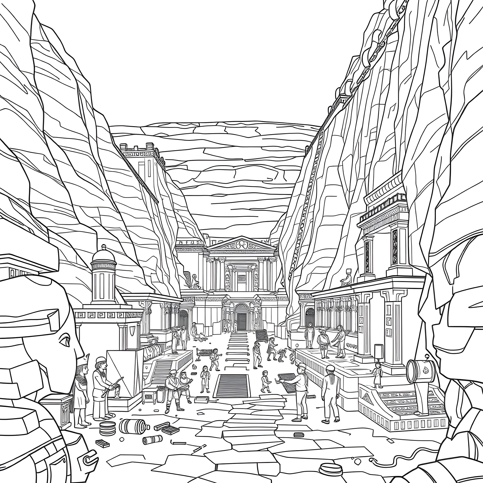 Valley Of The Kings - Ancient Egyptian Ruins and Architecture Coloring Page (free black-and-white line drawing printable PDF for all, from beginners to advanced learners, including children, teens, adults, and seniors)