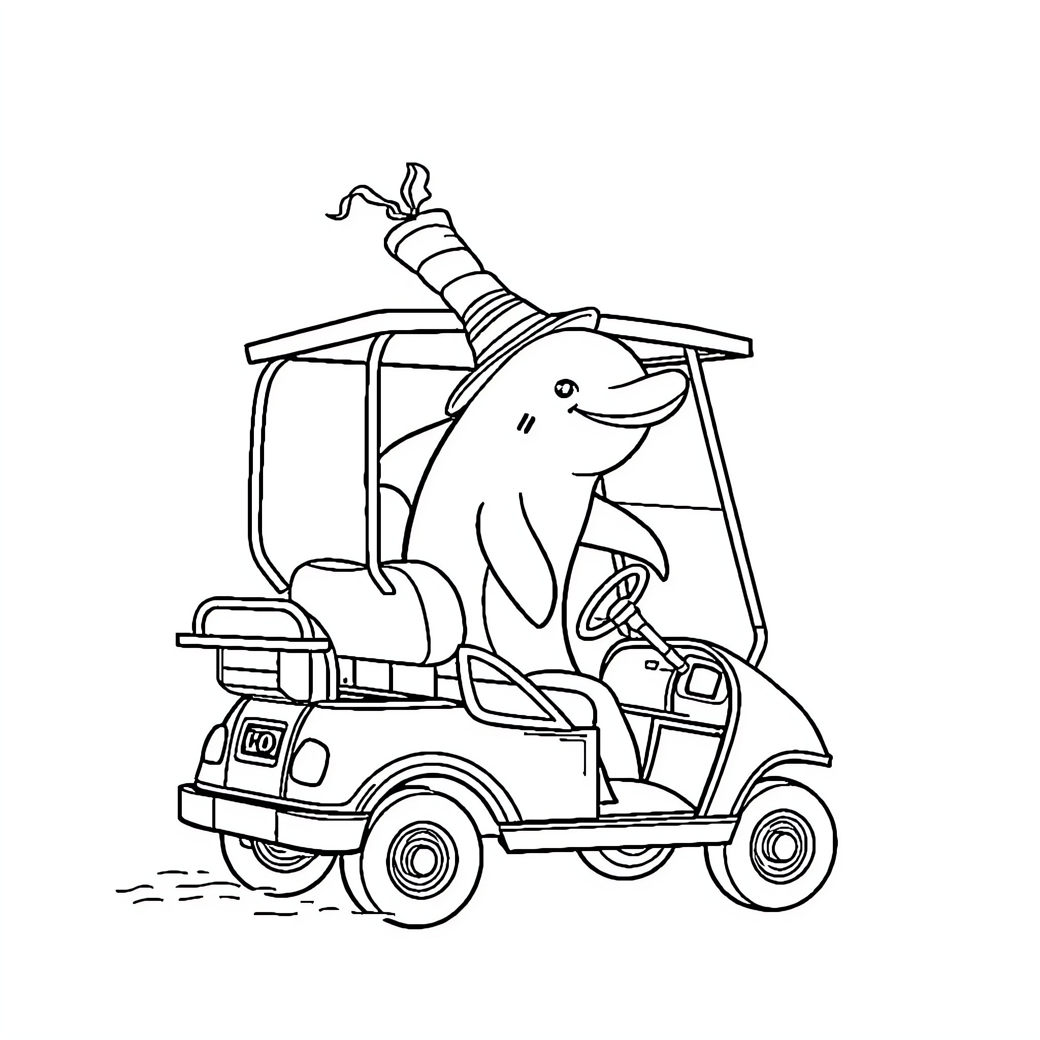 Dolphin riding a golf cart Coloring Page (free black-and-white line drawing printable PDF for all, from beginners to advanced learners, including children, teens, adults, and seniors)