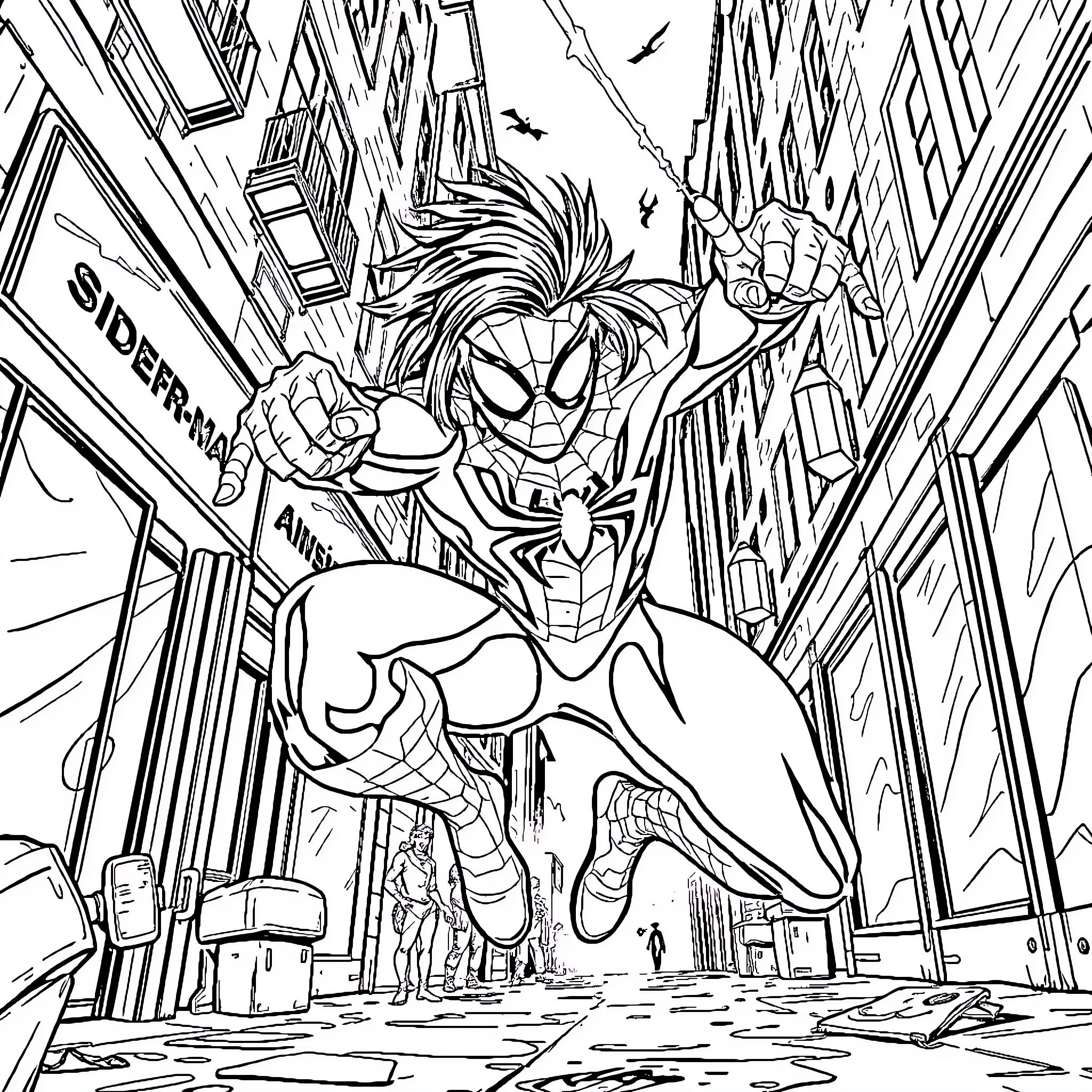 Spider-Man swinging through the city streets Coloring Page (free black-and-white line drawing printable PDF for all, from beginners to advanced learners, including children, teens, adults, and seniors)