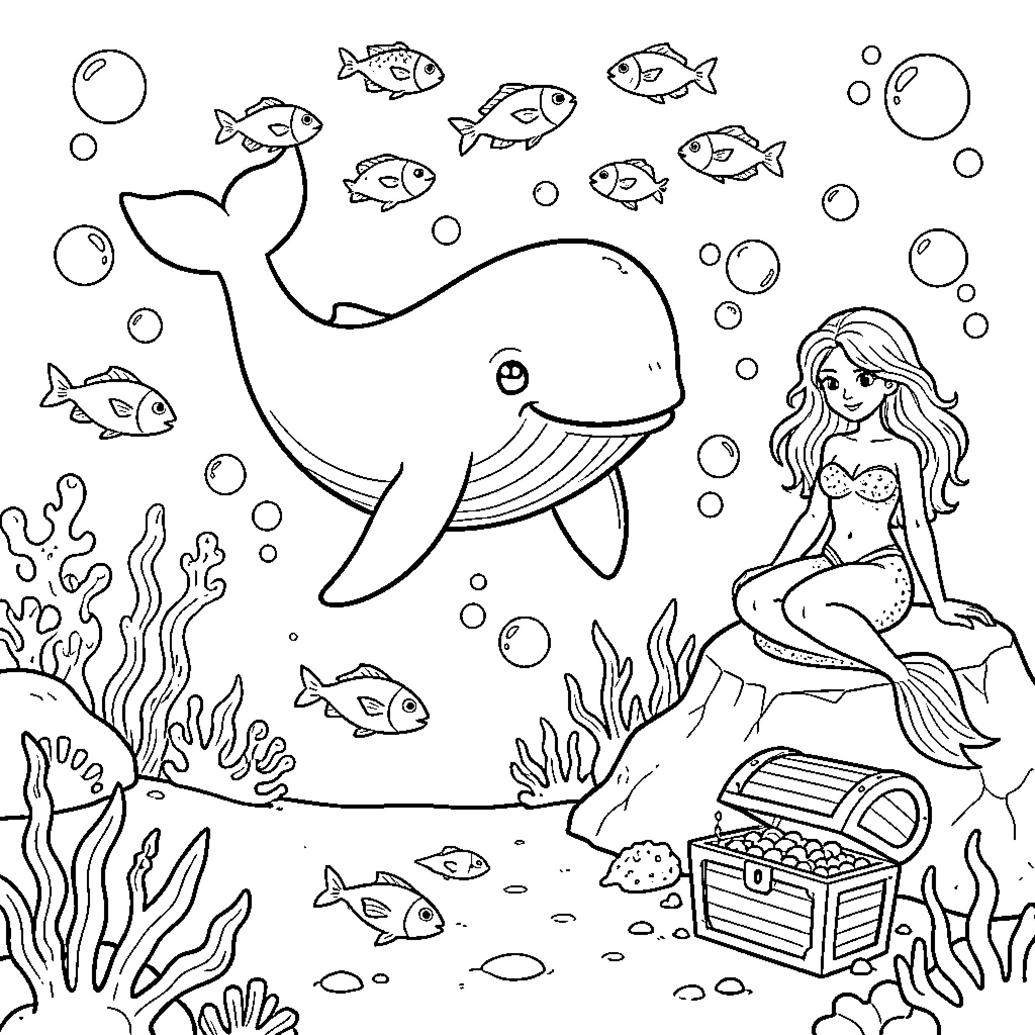 Whale swimming gracefully with a mermaid and fish Coloring Page (free black-and-white line drawing printable PDF for all, from beginners to advanced learners, including children, teens, adults, and seniors)