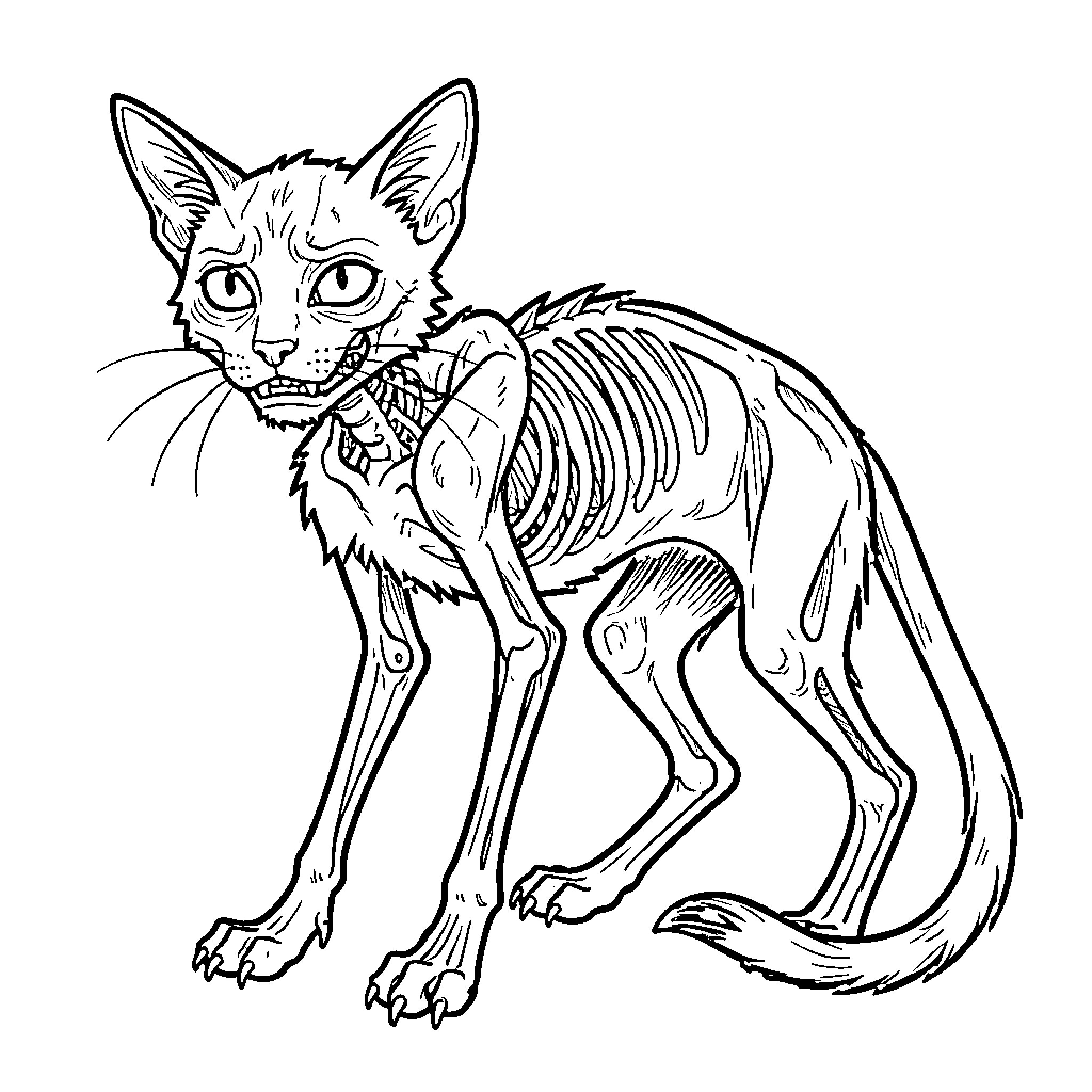 Bone Cat Skeleton in Fierce Stance Coloring Page (free black-and-white line drawing printable PDF for all, from beginners to advanced learners, including children, teens, adults, and seniors)