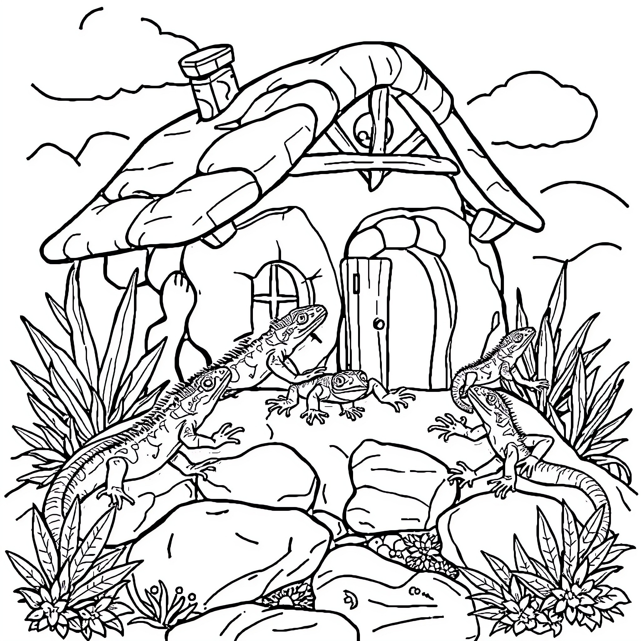 Lizard Friends Exploring Enchanted Mushroom House Coloring Page (free black-and-white line drawing printable PDF for all, from beginners to advanced learners, including children, teens, adults, and seniors)