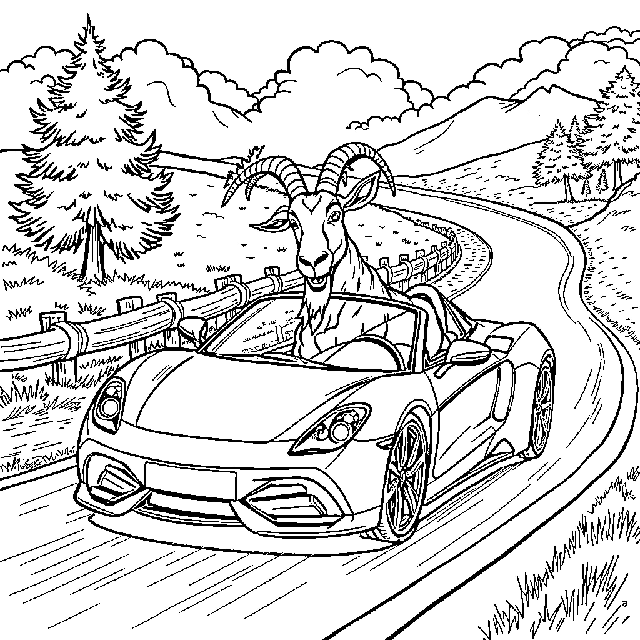 Goat driving a sports car through the mountains Coloring Page (free black-and-white line drawing printable PDF for all, from beginners to advanced learners, including children, teens, adults, and seniors)