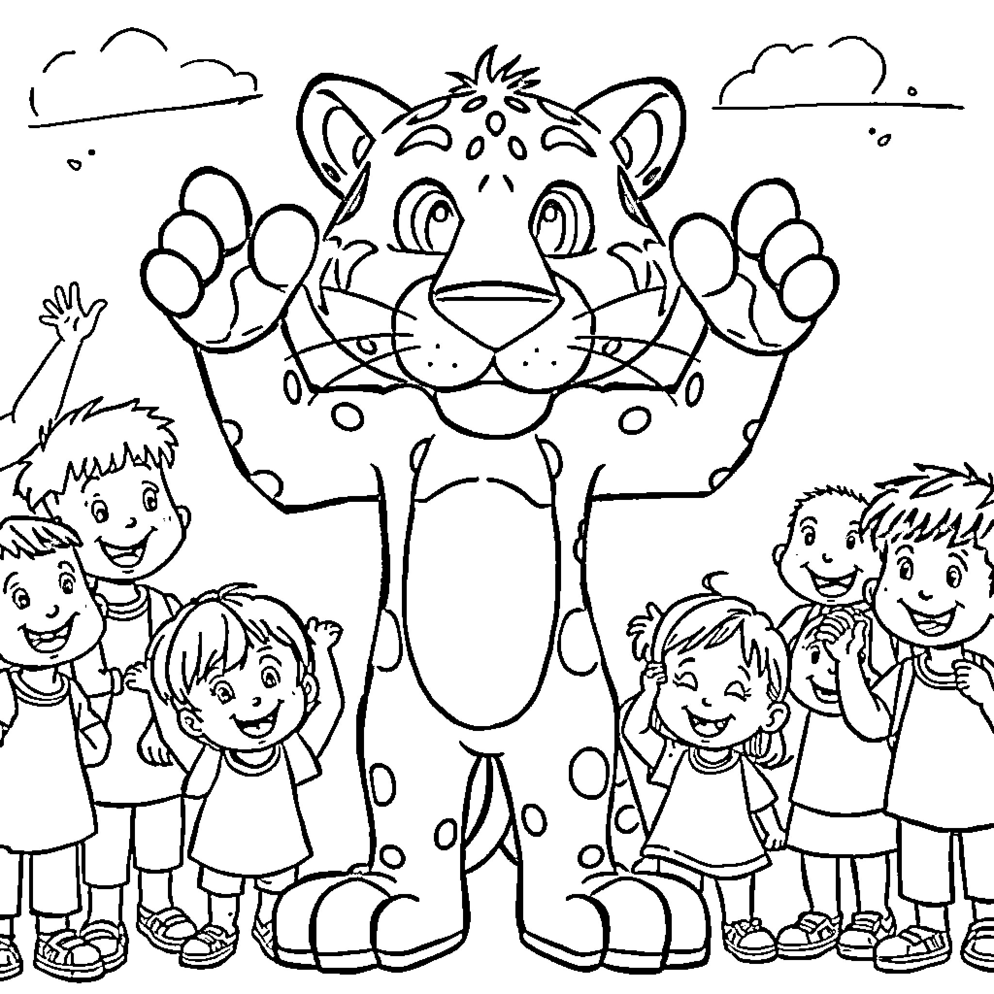 Panther delighting children with playful antics Coloring Page (free black-and-white line drawing printable PDF for all, from beginners to advanced learners, including children, teens, adults, and seniors)