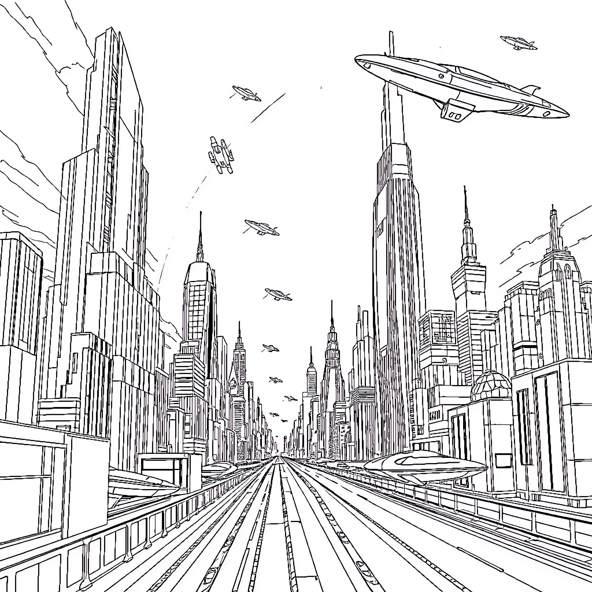 City of towering skyscrapers and futuristic vehicles Coloring Page (free black-and-white line drawing printable PDF for all, from beginners to advanced learners, including children, teens, adults, and seniors)